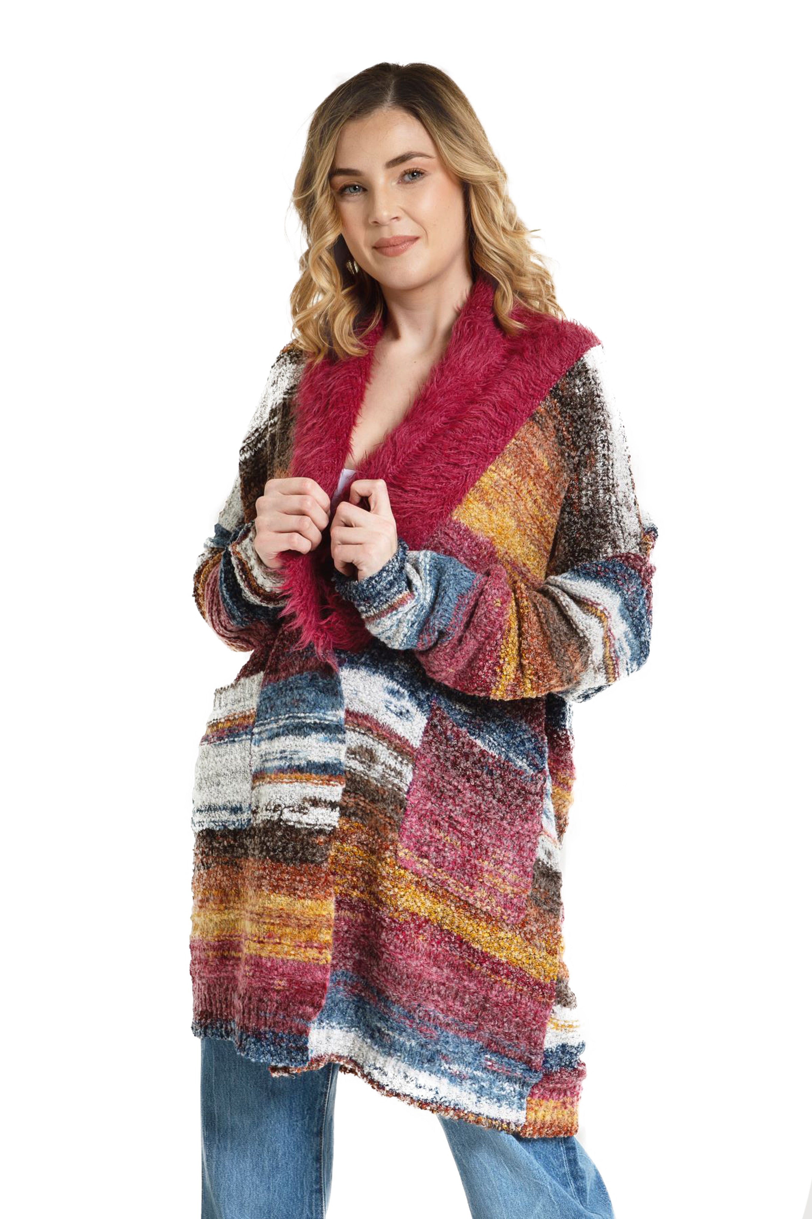 Women's Fur Collared Long Cardigan Sweater - Cozy Winter Knitwear for Layering & Casual Outfits - Perfect for Office, Date Night & Travel