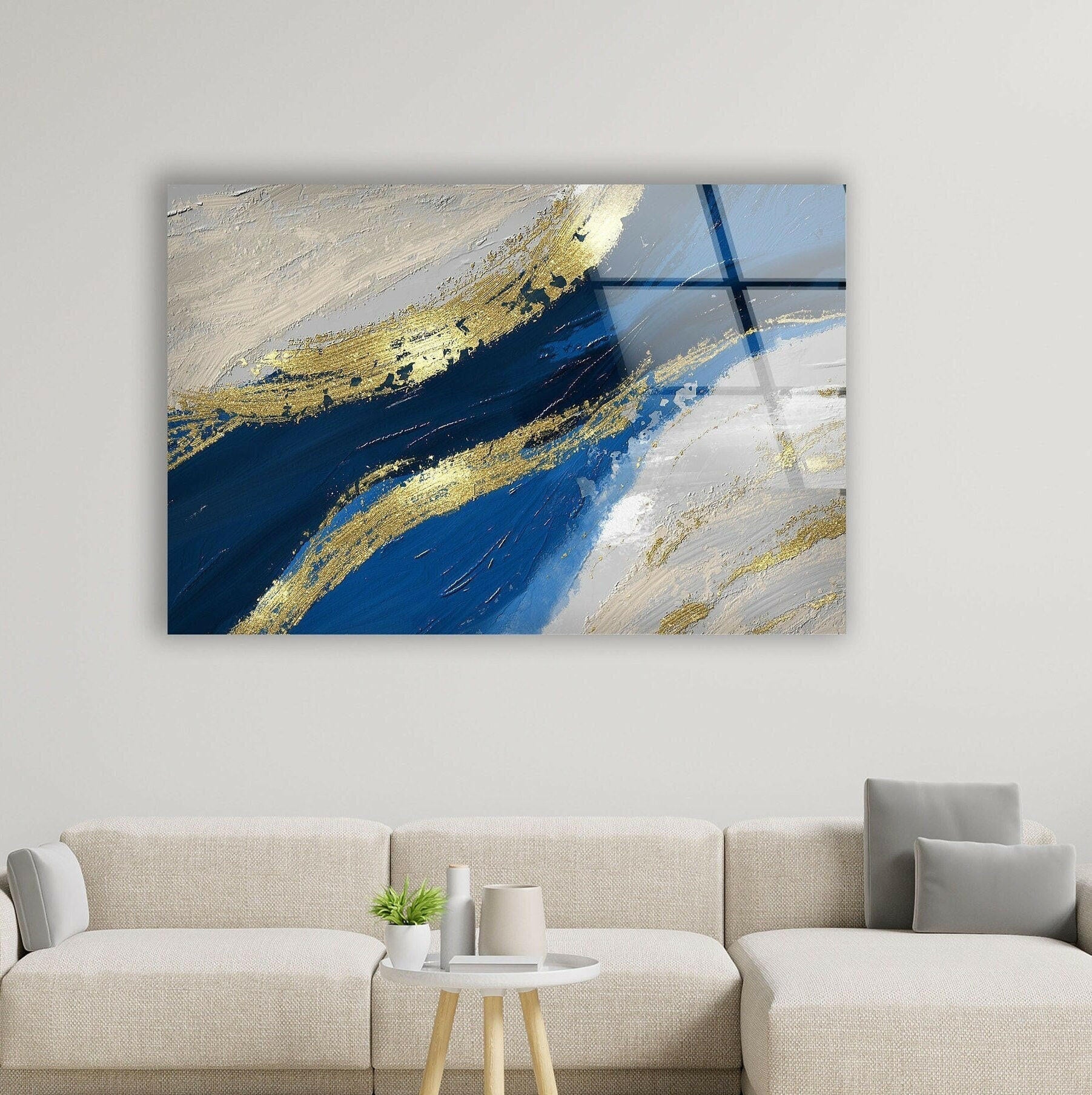 Blue and Gold Modern Art Glass Wall Decor - Elegant Handmade Glass Artwork for Living Room, Bedroom & Office Decor