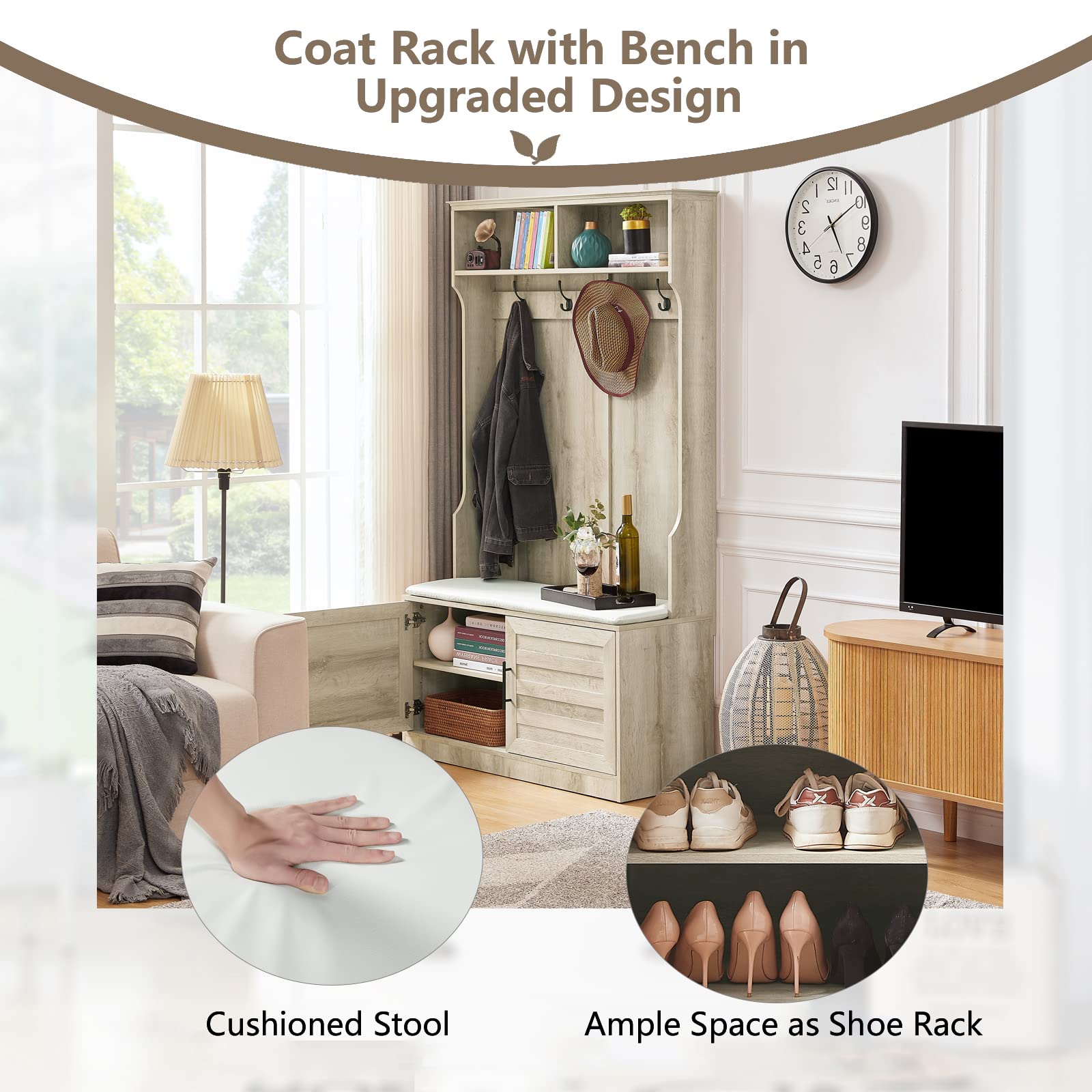 Farmhouse Hall Tree with Padded Storage Bench - Entryway Coat Rack & Shoe Cabinet - White Oak Mudroom Organizer for Coats, Shoes & Accessories - Perfect for Small Spaces, Apartments & Farmhouse Entryways