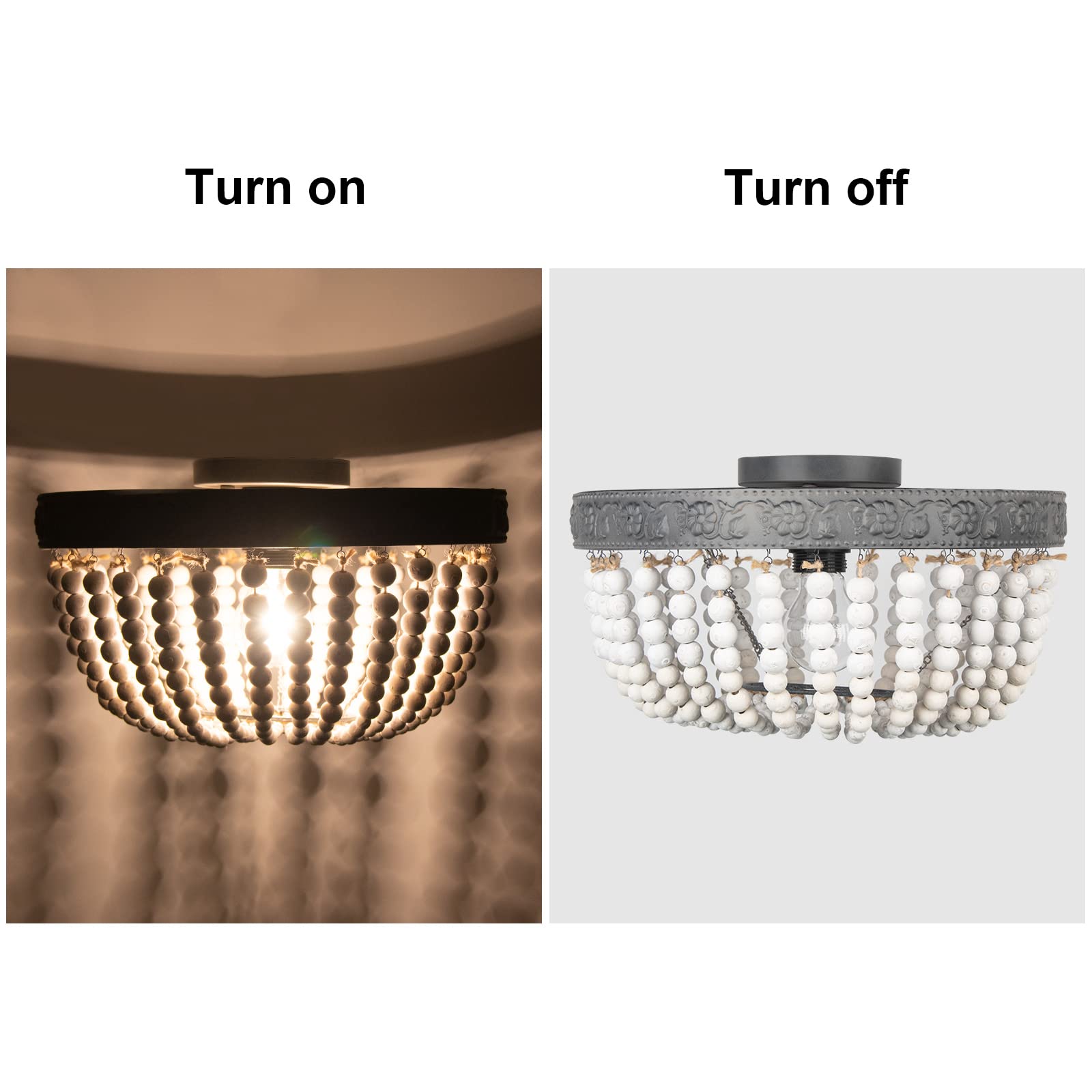 Boho Farmhouse Wood Beaded Chandelier - Rustic Oak White 1-Light Semi Flush Mount Ceiling Light Fixture for Hallway, Nursery, Bedroom, Kitchen & Living Room - Perfect for Island Lighting and Cozy Home Decor