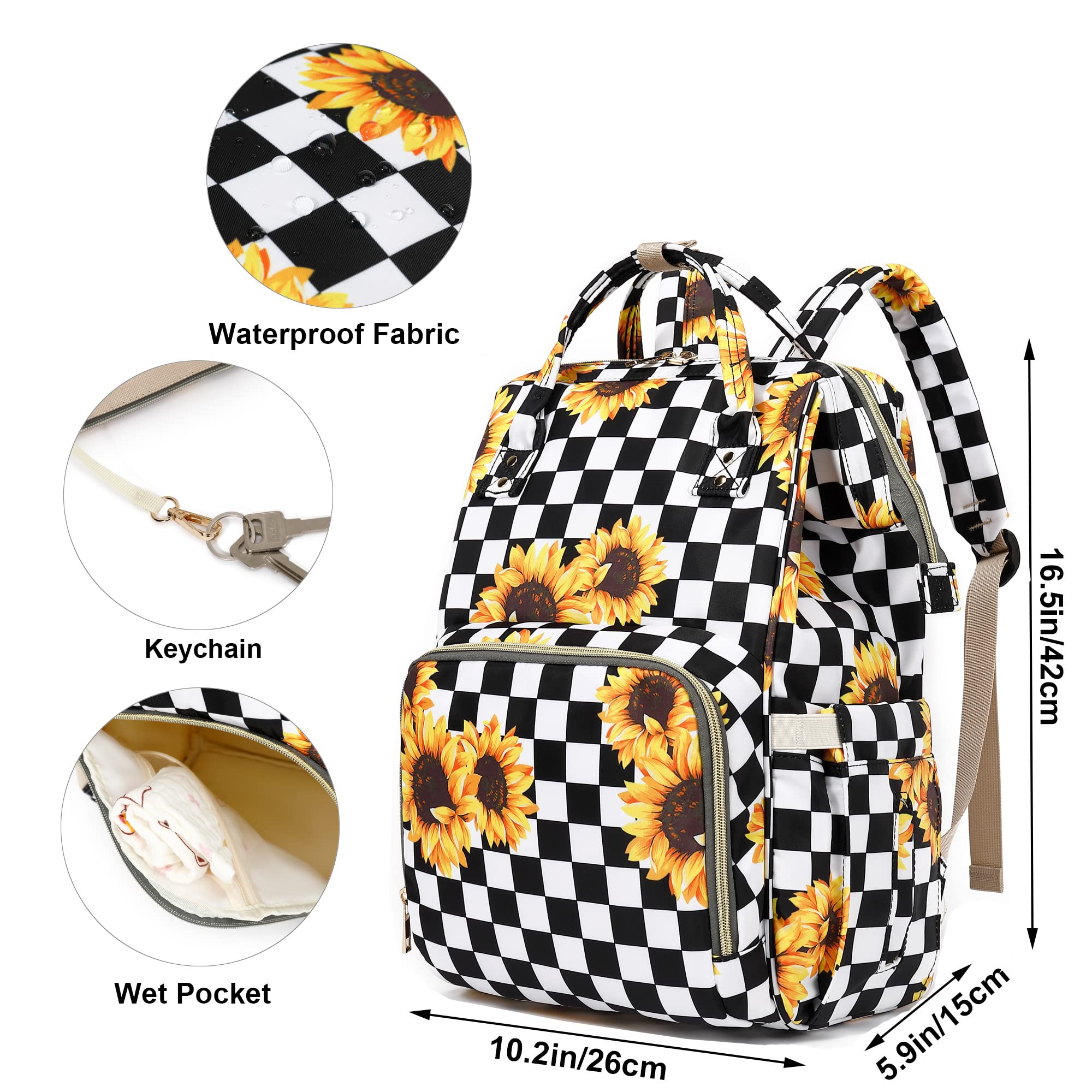Waterproof Sunflower Checkered Diaper Backpack for Baby Girls & Moms - Large Capacity Baby Nappy Bag for Travel, Hospital Visits & Daily Outings