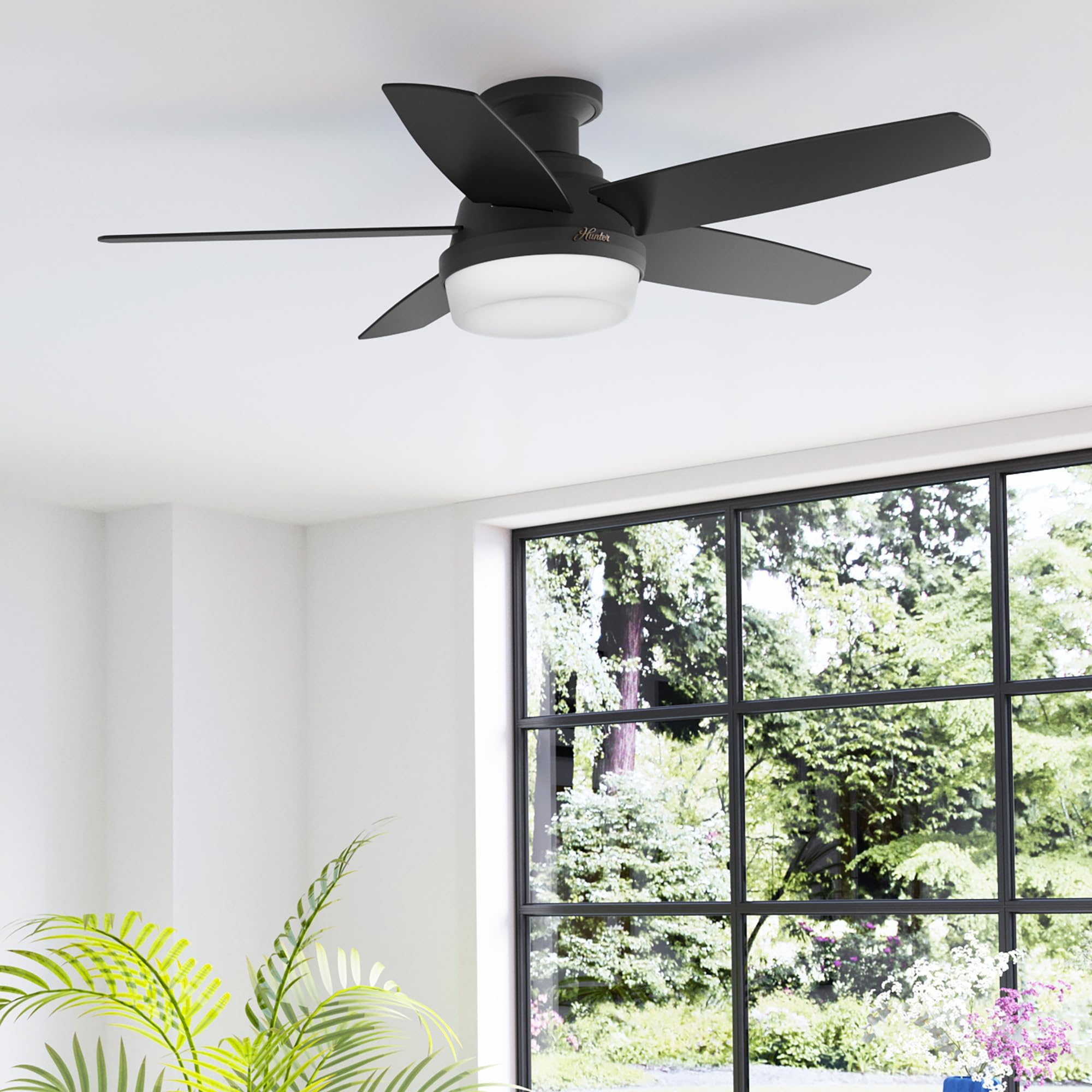 Hunter Fan 48 Inch Black Ceiling Fan with LED Light Kit & Remote Control - Low Profile Energy Efficient Indoor Ceiling Fan for Bedroom, Living Room, Office - Perfect for Home Cooling and Air Circulation