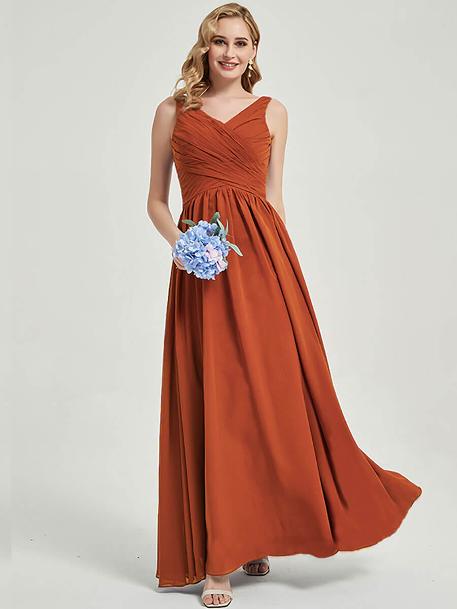 Elegant Burnt Orange Pleated Bridesmaid Dress - V-Neck Sleeveless with Wide Straps for Weddings, Parties & Formal Events