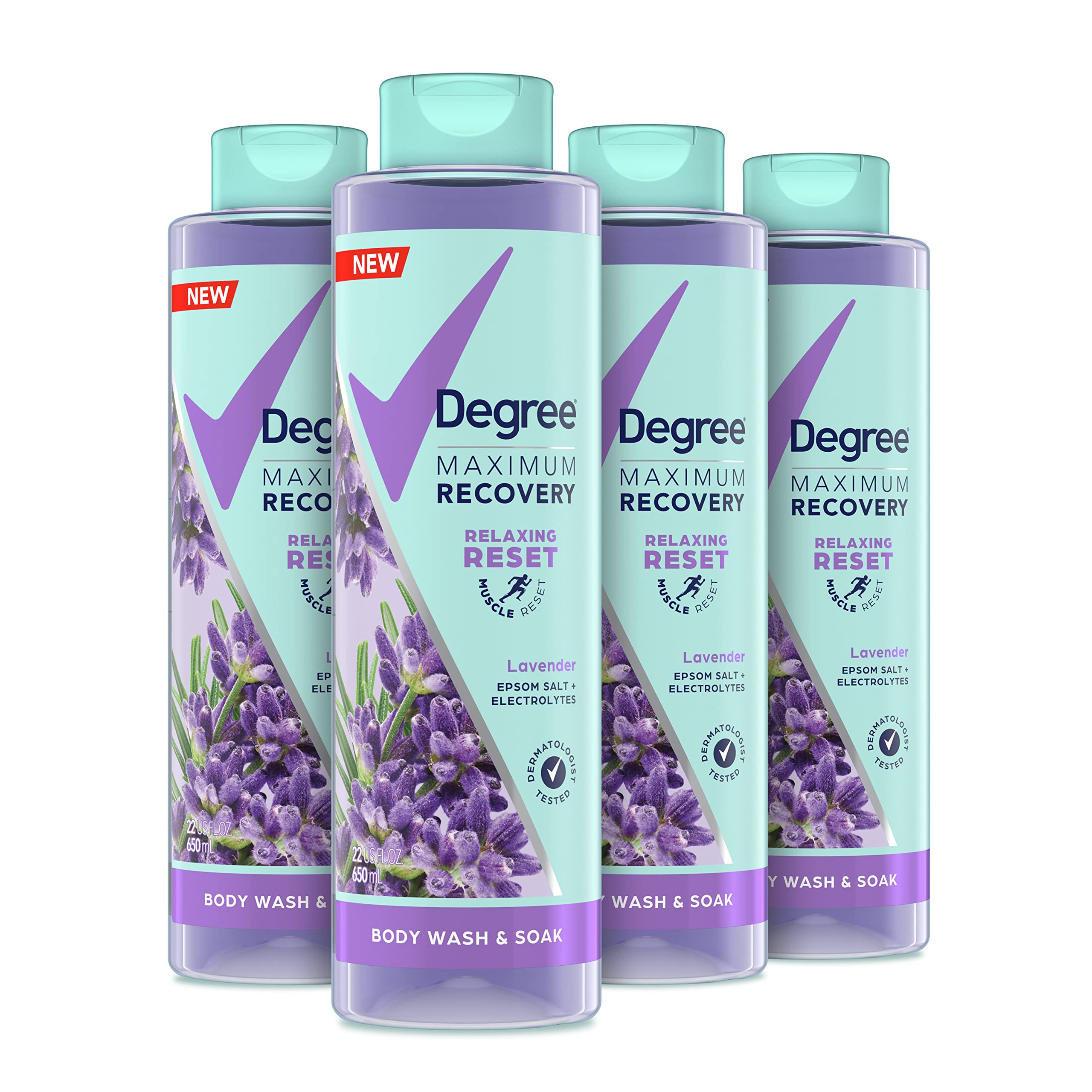 Degree Maximum Recovery Body Wash & Soak - Post-Workout Skincare with Lavender Extract, Epsom Salt & Electrolytes - 22 Fl Oz (Pack of 4) - Ideal for Muscle Recovery, Relaxation & Detox After Gym, Yoga or Sports