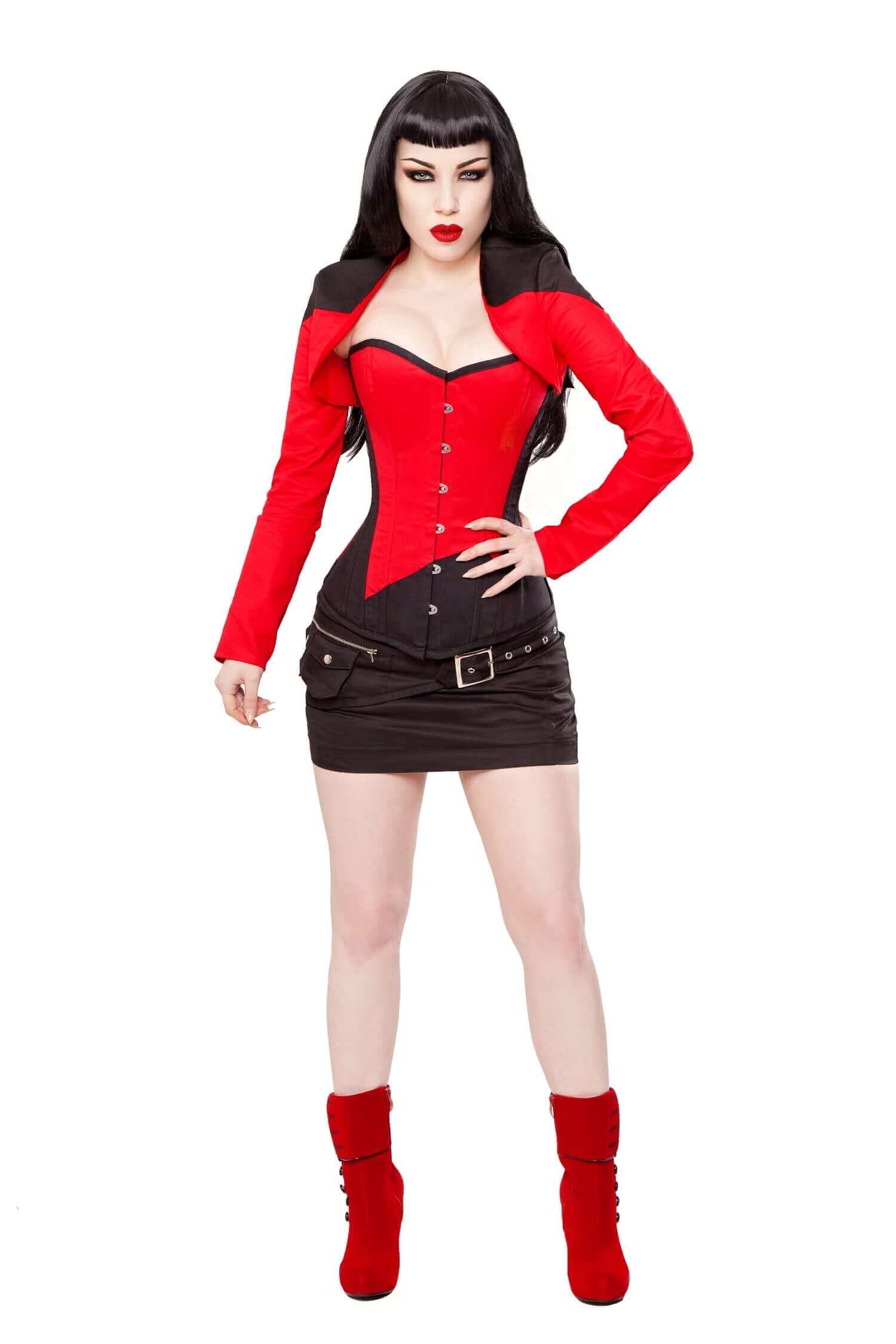 Stylish Black & Red Corset with Bolero Jacket, Skirt & Belt Set - Perfect for Cosplay, Gothic Fashion & Evening Events
