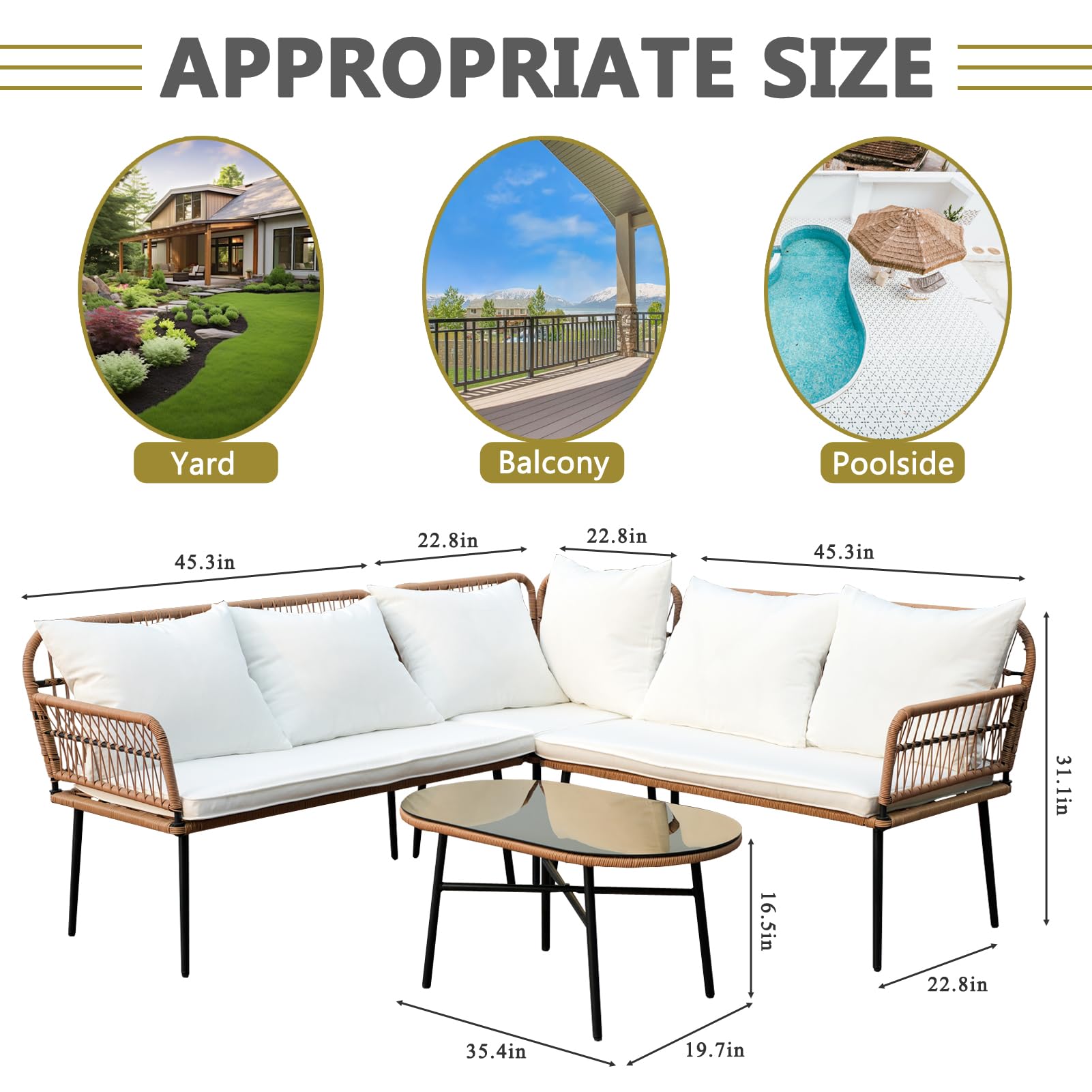 Homsido 4-Piece Boho Patio Sectional Furniture Set - Water-Resistant PE Wicker Sofa Chairs with Rectangular Side Table & White Cushions for Outdoor/Indoor Use - Perfect for Garden, Poolside, and Living Room Conversations