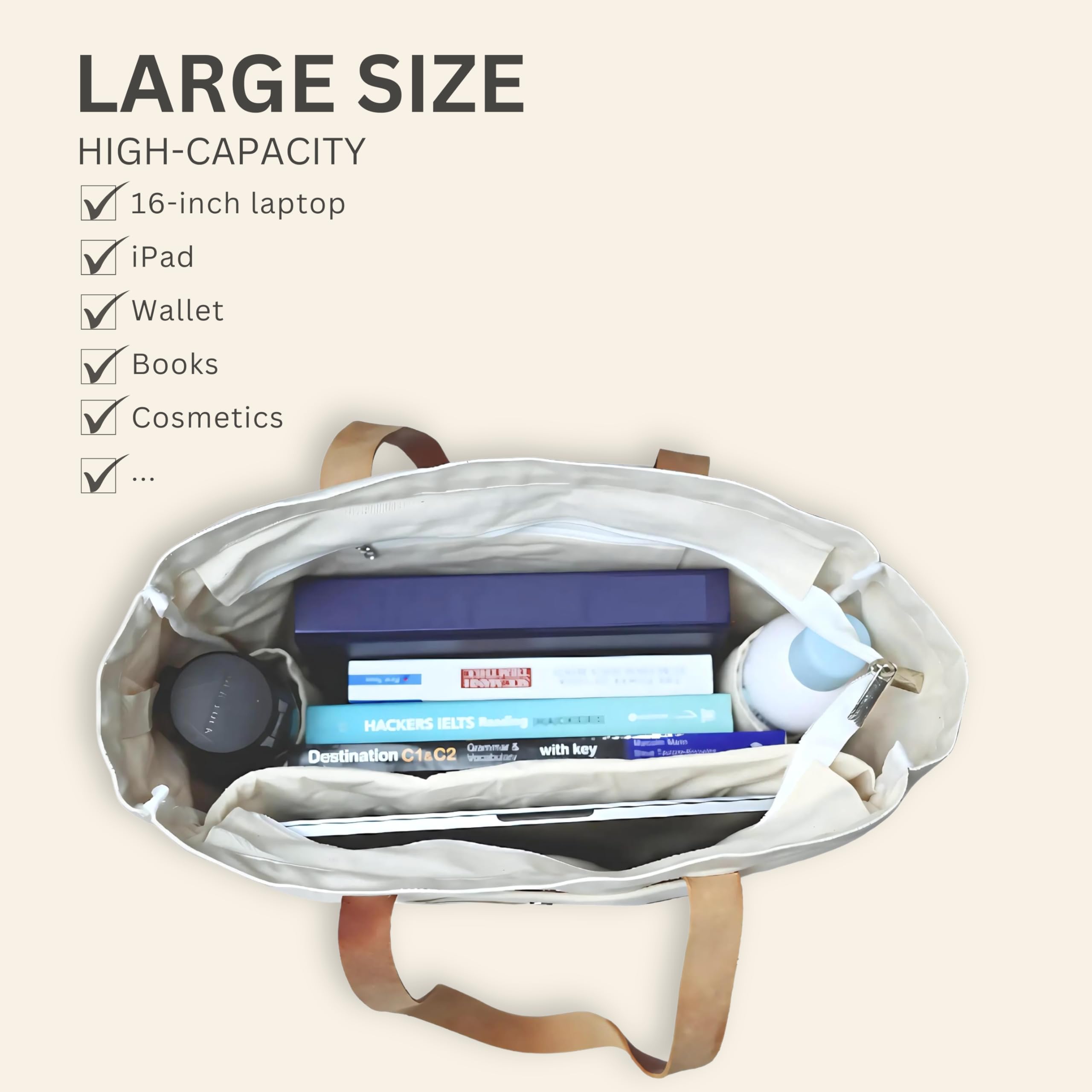 Women's Canvas Tote Bag with Zipper & Leather Strap - Laptop Tote for Work, Travel & Gym