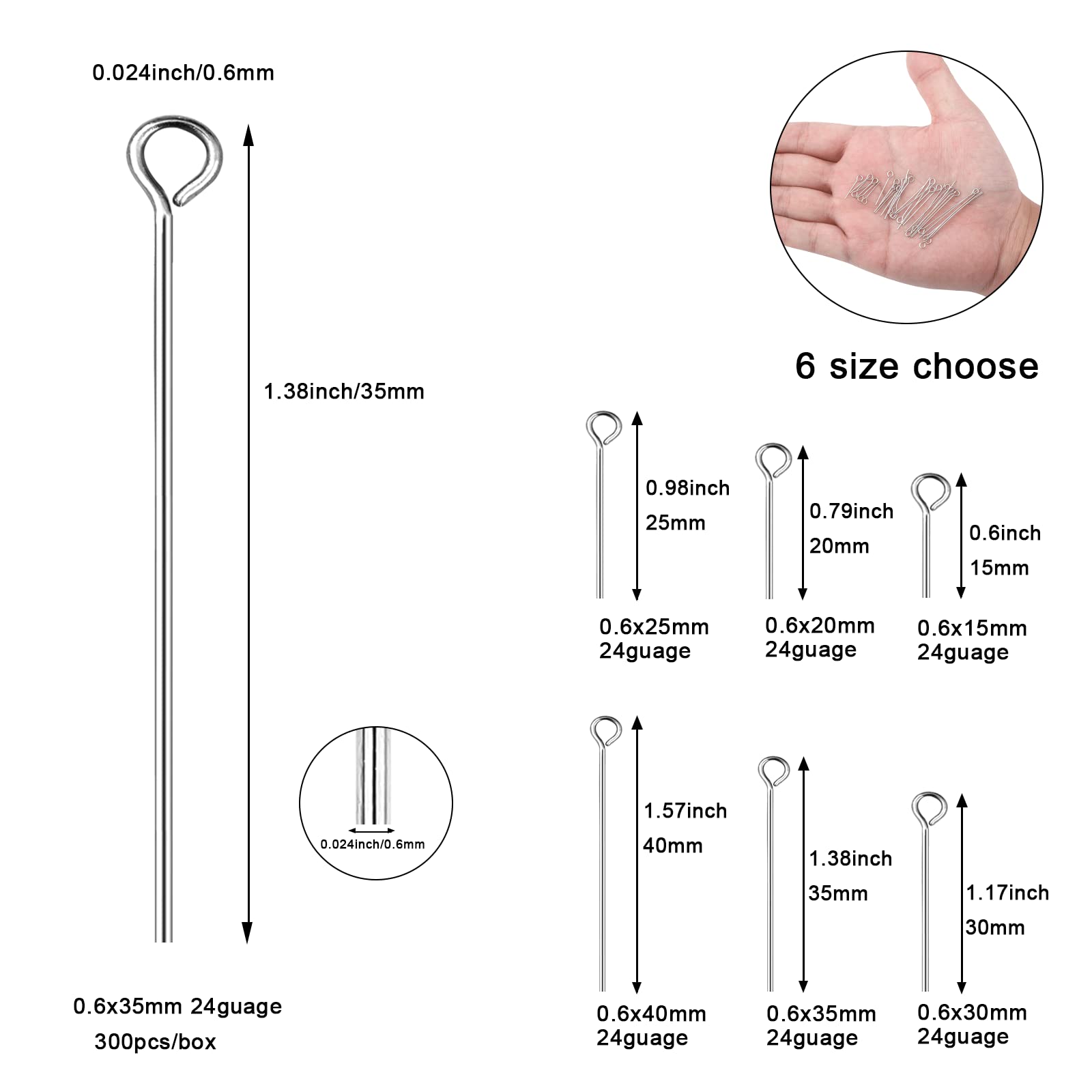 304 Stainless Steel Jewelry Eye Pins - 24 Gauge Silver Head Pins 0.6x35mm (300pcs/Box) - Open Eye Pins for DIY Earrings, Necklaces & Bracelets - Perfect for Dangle Charms, Beading and Jewelry Making Projects - Durable & Tarnish-Resistant Findings