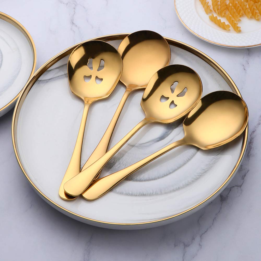 Meisha 6-Piece Stainless Steel Serving Spoon Set - 3 Solid & 3 Slotted Spoons, Matte Gold Mirror Finish - Perfect for Buffets, Banquets, Cooking & Kitchen Serving