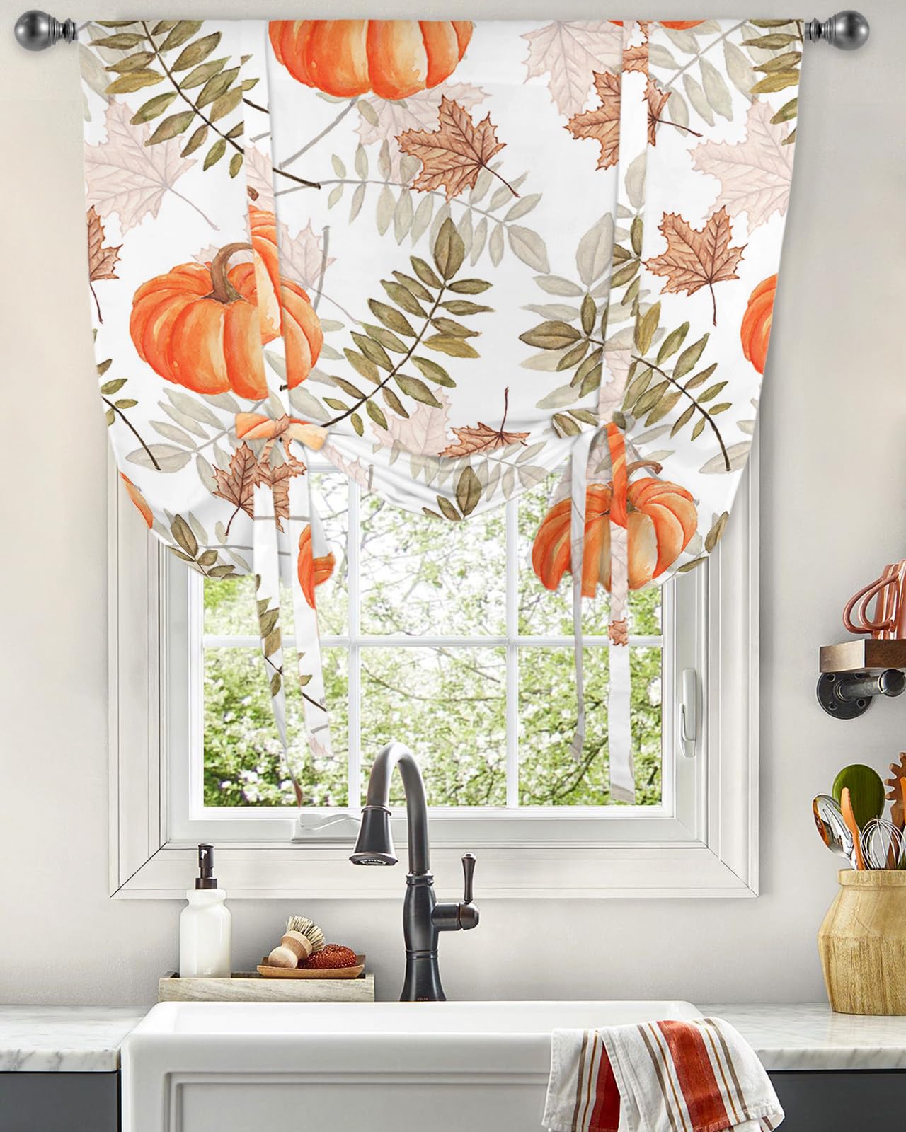 Thanksgiving Window Curtains - Orange Pumpkin & Maple Leaf Thermal Insulated Balloon Shade with Adjustable Rod Pocket, 42x45 Inches - Perfect for Kitchen, Bathroom & Café Decor During Fall Season