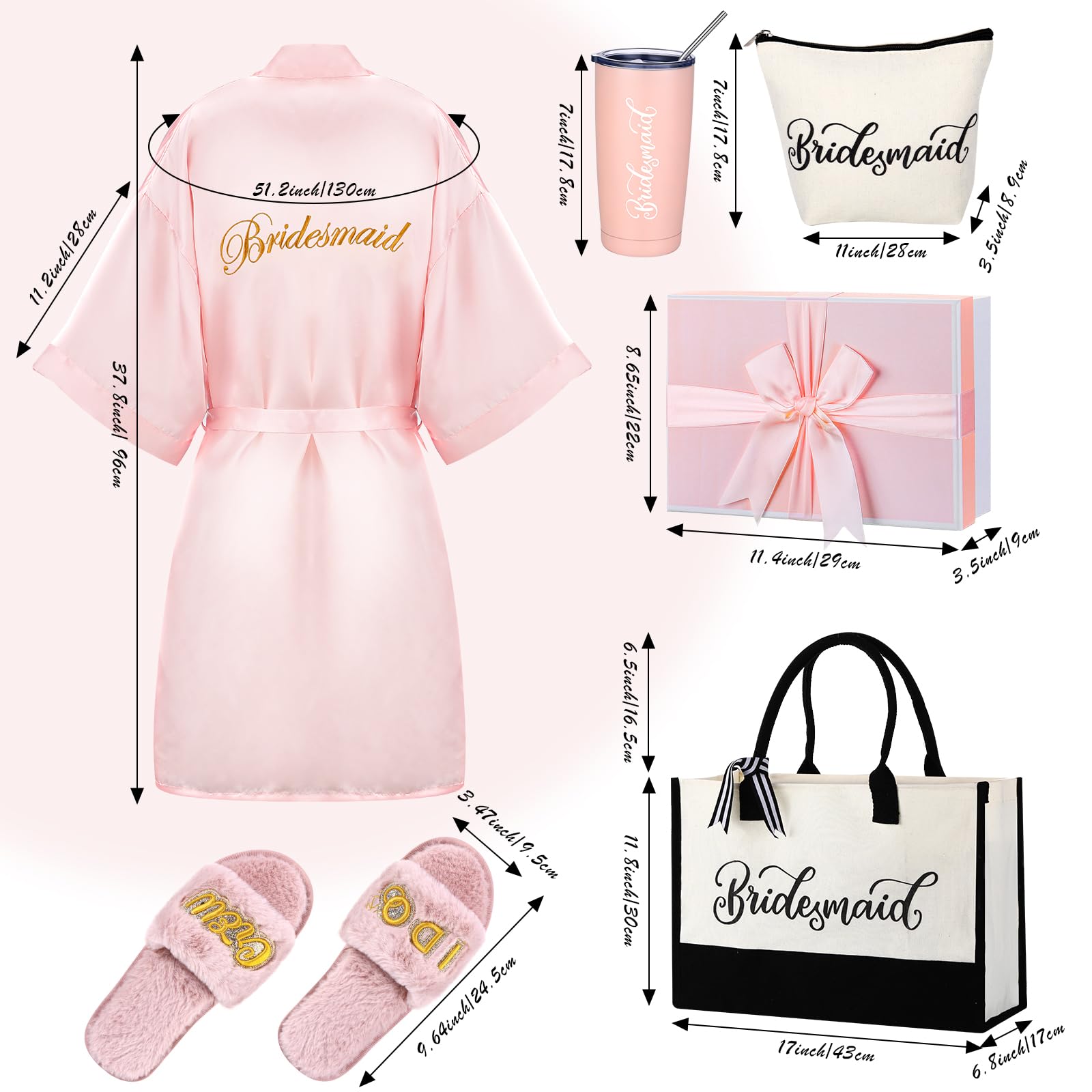 14 Pcs Bridal Party Gift Box Set - Satin Robe, Canvas Tote Bag, Stainless Steel Glasses & Slippers - Perfect Wedding Party Favors, Bachelorette Gifts & Bridesmaid Proposal Ideas