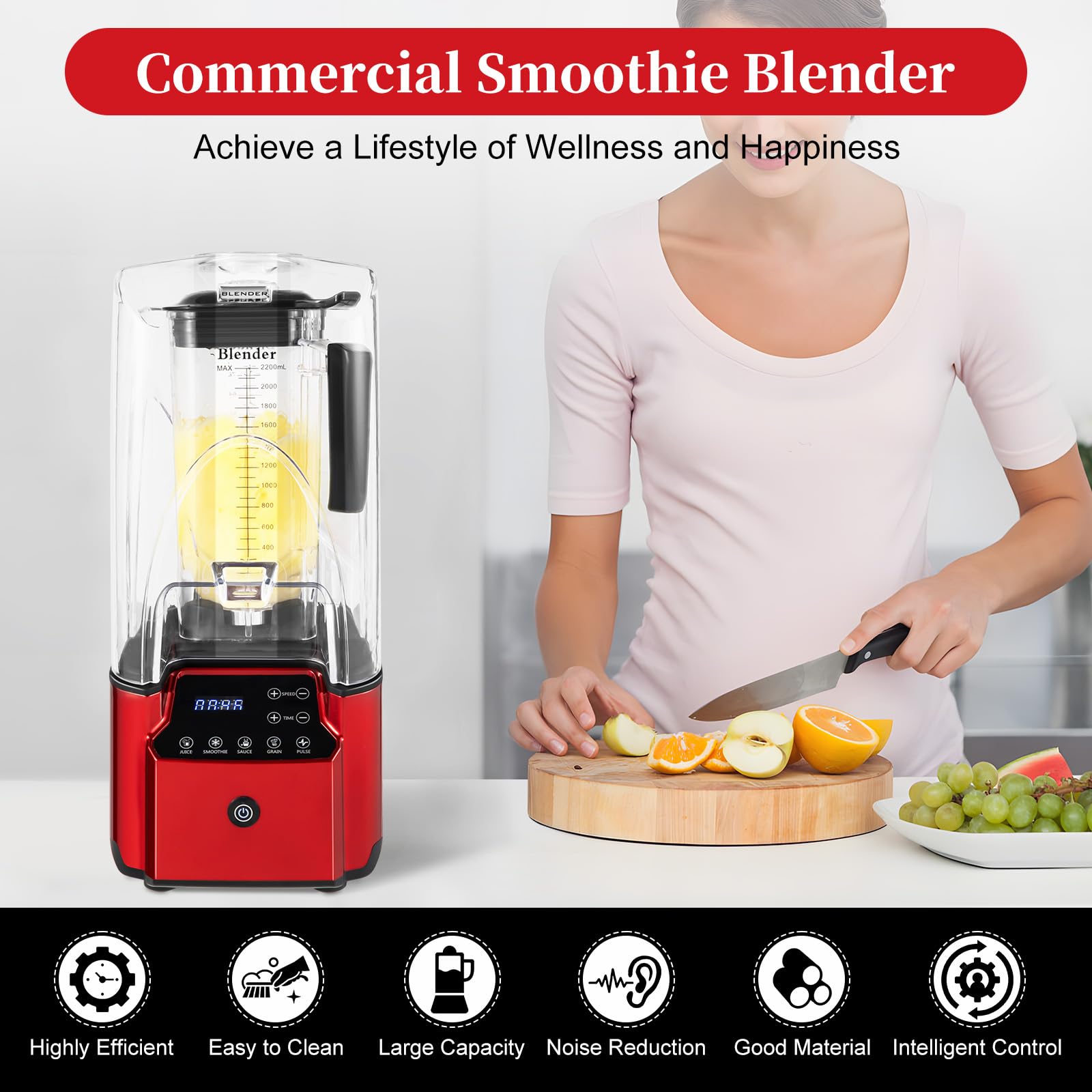 2.2L Commercial Blender with Soundproof Cover - 2200W High-Power Smoothie Maker & Fruit Juicer for Restaurants, Bars, and Home Kitchens - Red (Ideal for Smoothies, Juices, and Frozen Drinks)