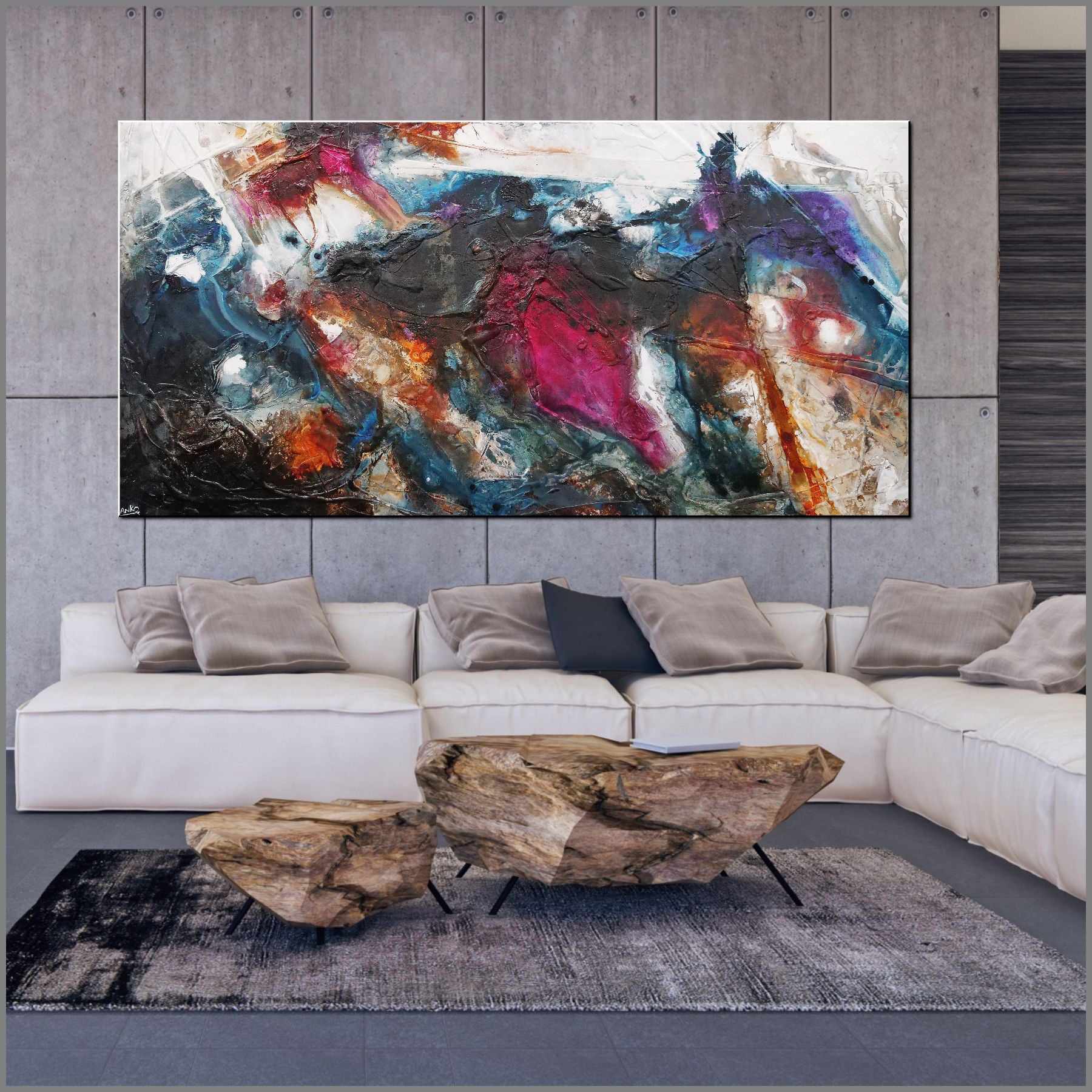 Beautiful Disaster 240x120cm Abstract Textured Painting in Black Navy Violet - Modern Wall Art for Living Room, Bedroom & Office Decor