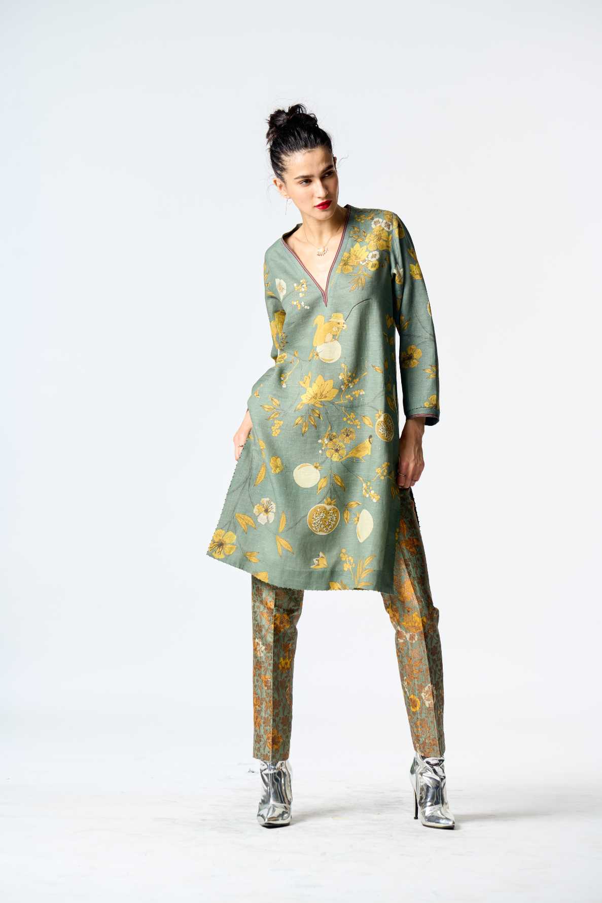 Elegant V Neck Kurta for Women - Soft Muga Satin Fabric in Sage Green - Perfect for Festivals, Weddings & Casual Wear
