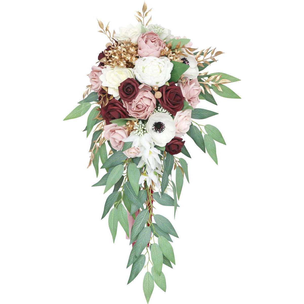 Artificial Calla Lily & Rose Cascading Bridal Bouquet - 10 Inch Burgundy White Roses & Purple Calla Lilies with Real Touch Eucalyptus - Satin Ribbon Handle Wedding Flowers for Bridal Shower, Ceremony & Home Decor