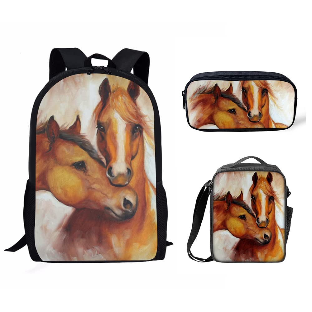 NETILGEN Horse Themed Backpack Set for Teens - 3-Piece School & Travel Backpack with Lunch Bag & Pen Case - Perfect for School, Hiking, Picnic & Outdoor Adventures