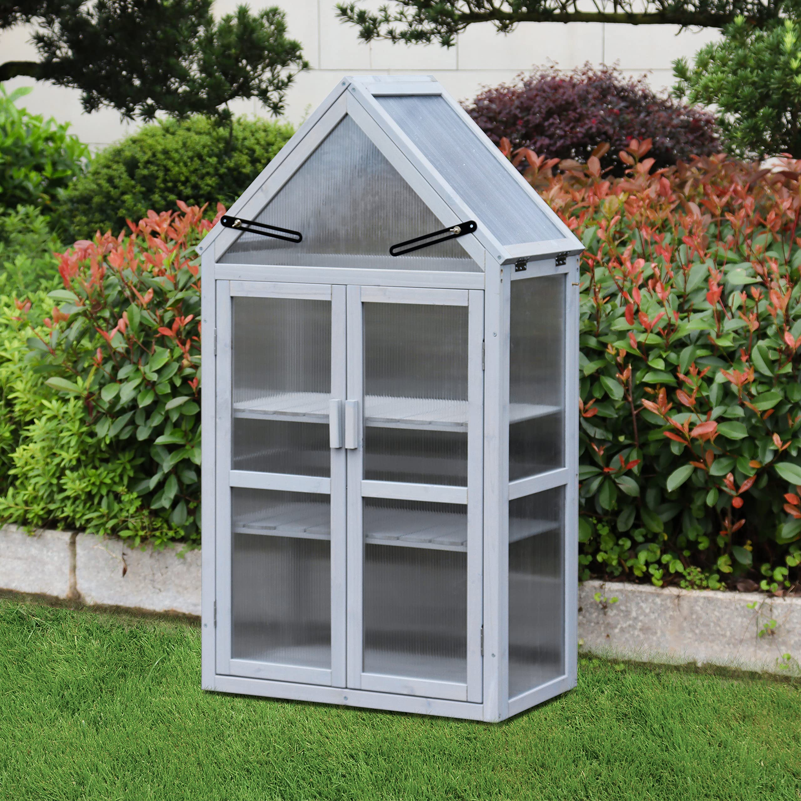 Upgraded Mini Greenhouse Kit for Outdoor & Indoor Use - Adjustable Shelving Small Wood Cold Frame Plant Stand Cabinet for Garden, Patio, Balcony, Apartment & Porch - UV-Resistant Gray Greenhouse for Herbs, Flowers & Seedlings