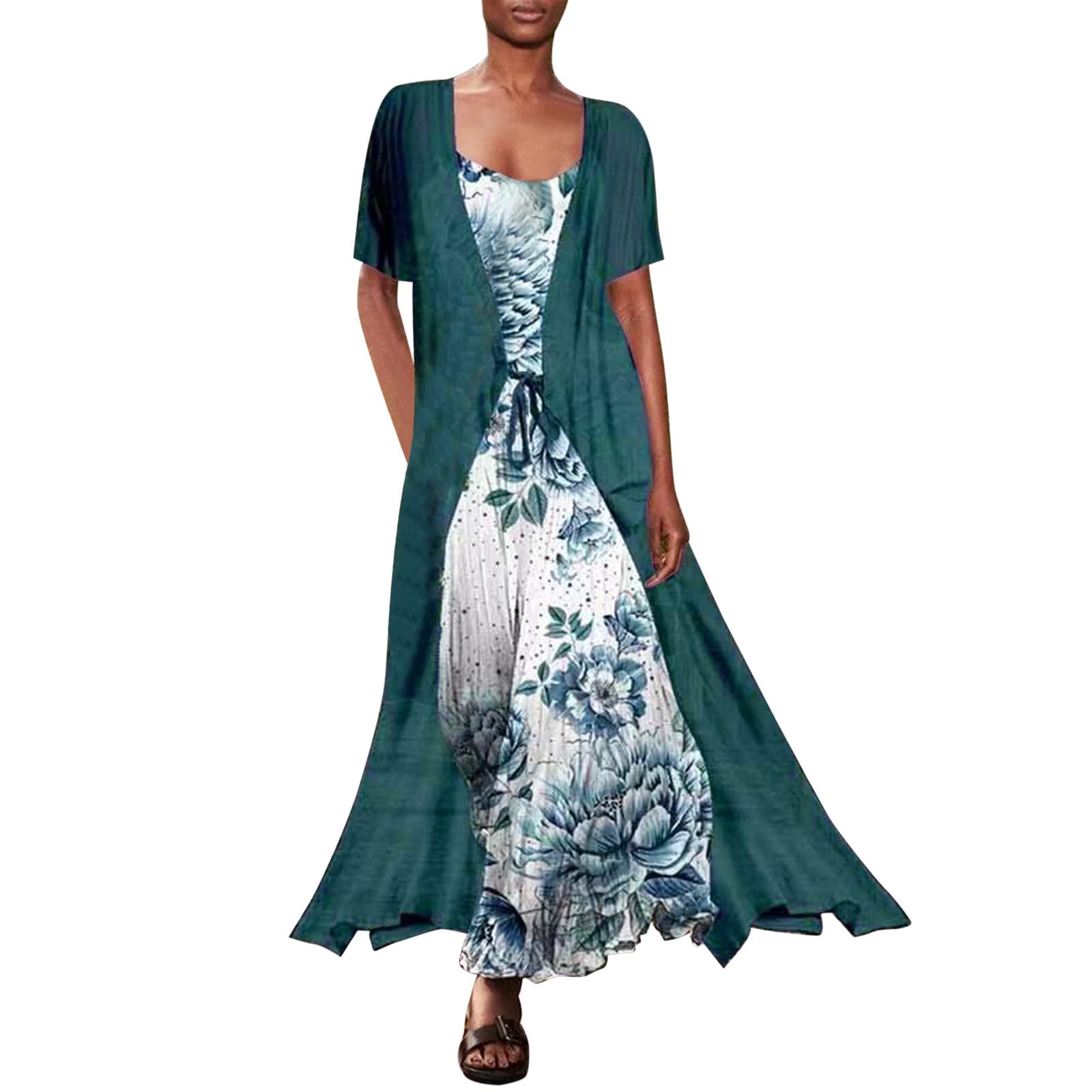 Women's Casual Floral Print Sling Dress with Belt & Tulle Cardigan Set - Round Neck Short Sleeve Summer Outfit for Beach, Party & Date Night