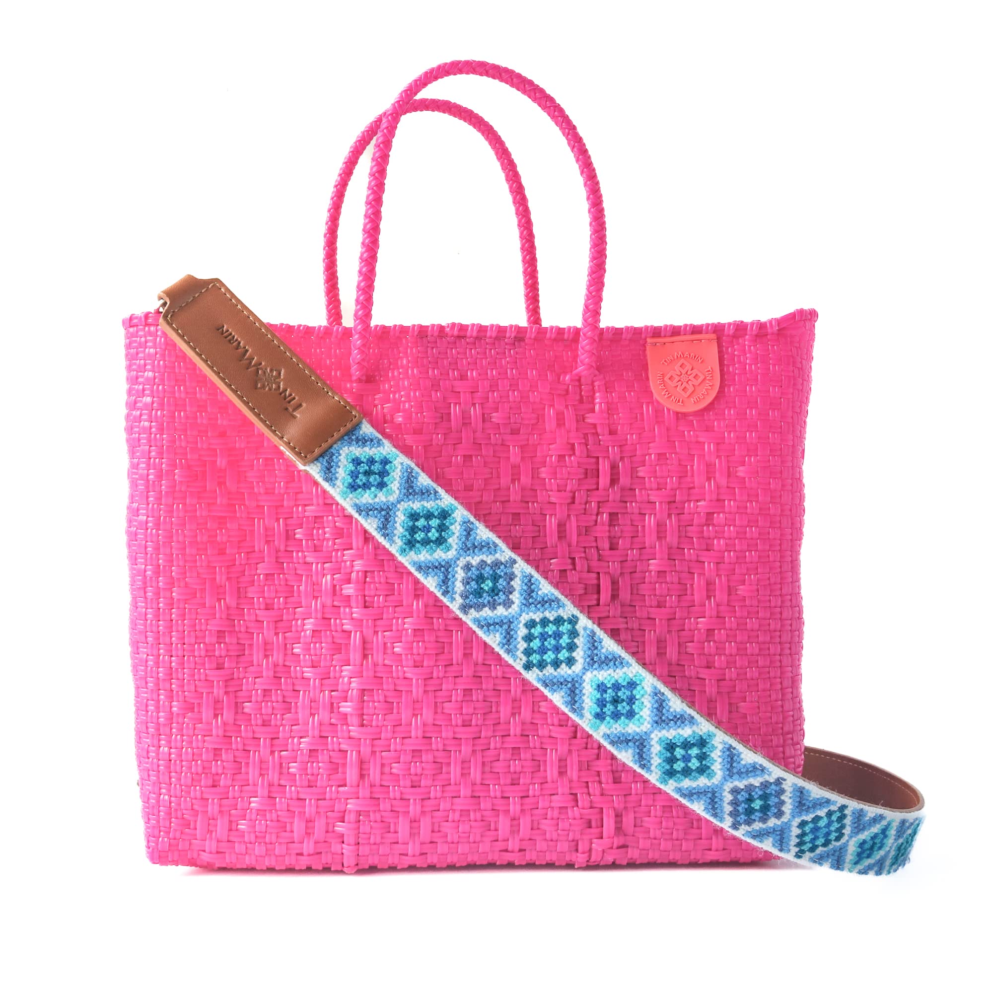 Vallarta Medium Woven Crossbody Bag with Detachable Mesh Pouch - Hot Pink Fuchsia Recycled Plastic Beach Purse | Mexican Artisan Made Handbag for Women | Perfect for Travel, Shopping & Resort Vacations