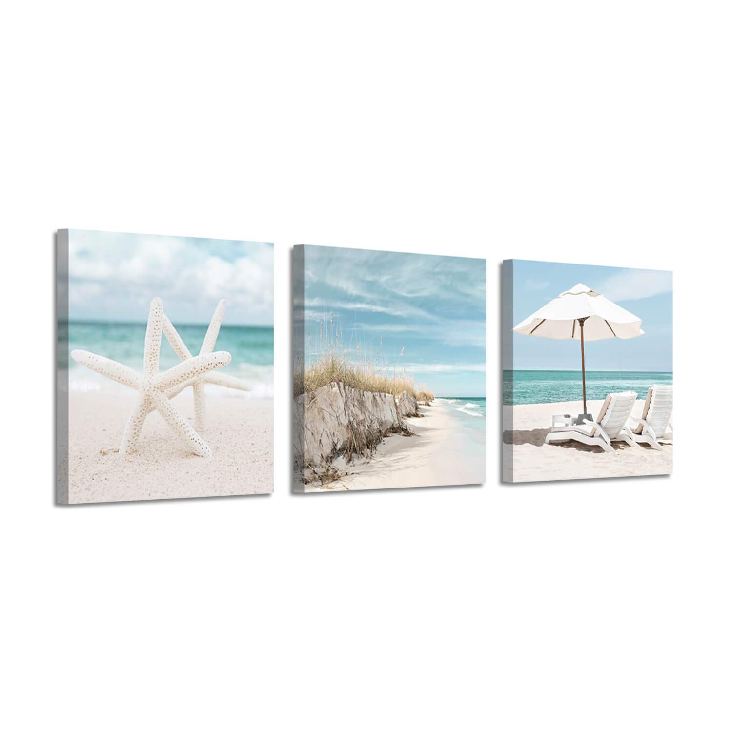 Coastal Canvas Wall Art Print - Set of 3 Starfish & Beach Chair Paintings (12x12 Inch) for Beach House Decor, Living Room & Bedroom Wall Decor | Nautical Themed Home Artwork
