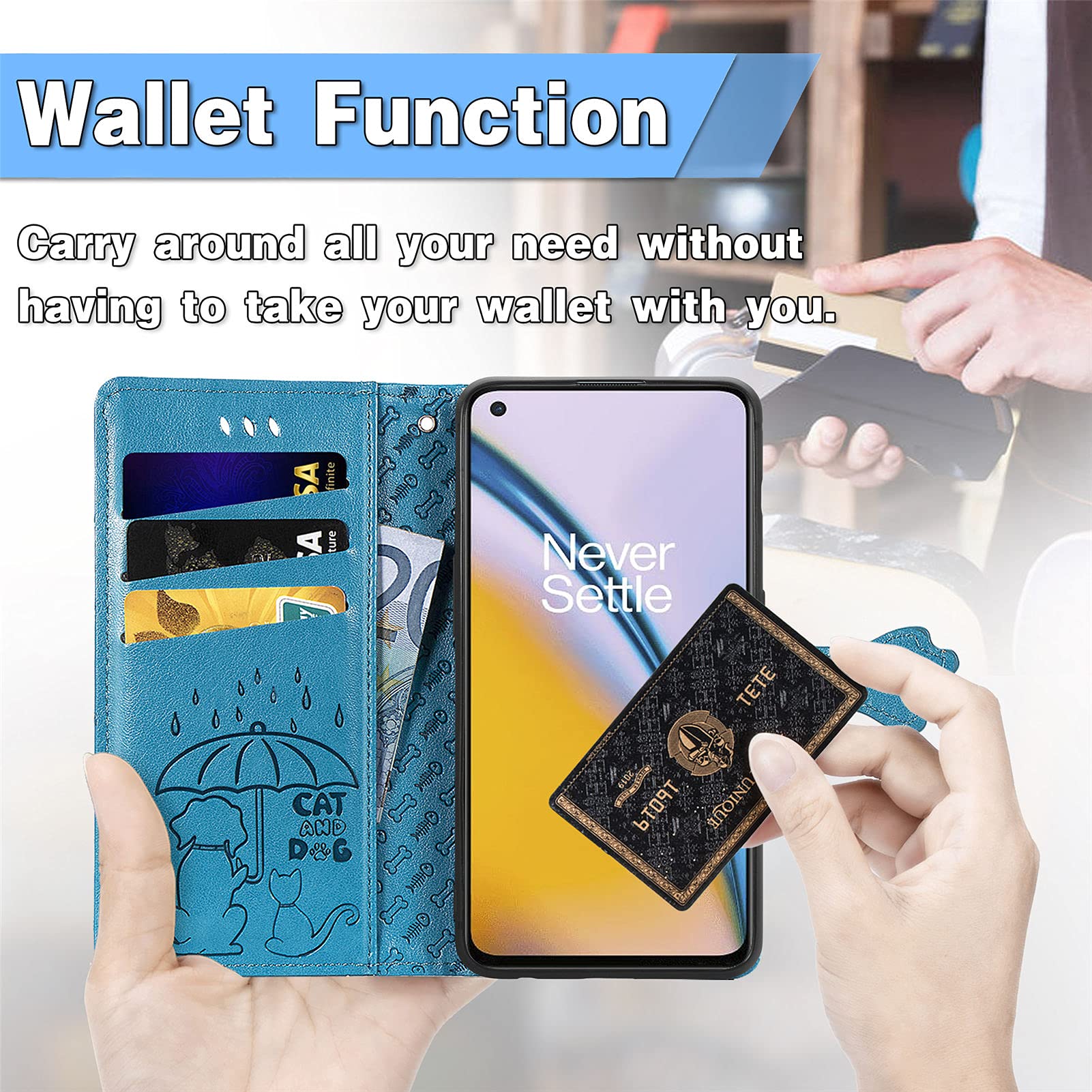 Cute Cartoon Wallet Case for OnePlus Nord 2 5G - Cat & Dog Style Flip Cover with ID Card Holder, PU Leather Phone Case (MG Blue) - Perfect for Daily Use, Travel & Work