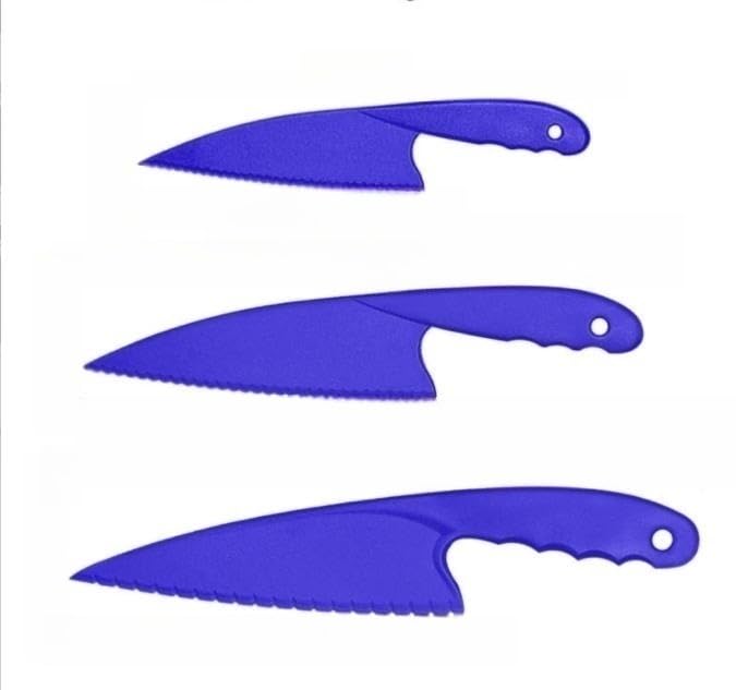 **ASEANAO Plastic Kitchen Knives Set - 3-Piece Chef Knives for Fruits, Bread, Cakes, Salads & Lettuce - Safe & Durable (Blue) - Perfect for Home Cooking, Picnics & Kids' Meals**