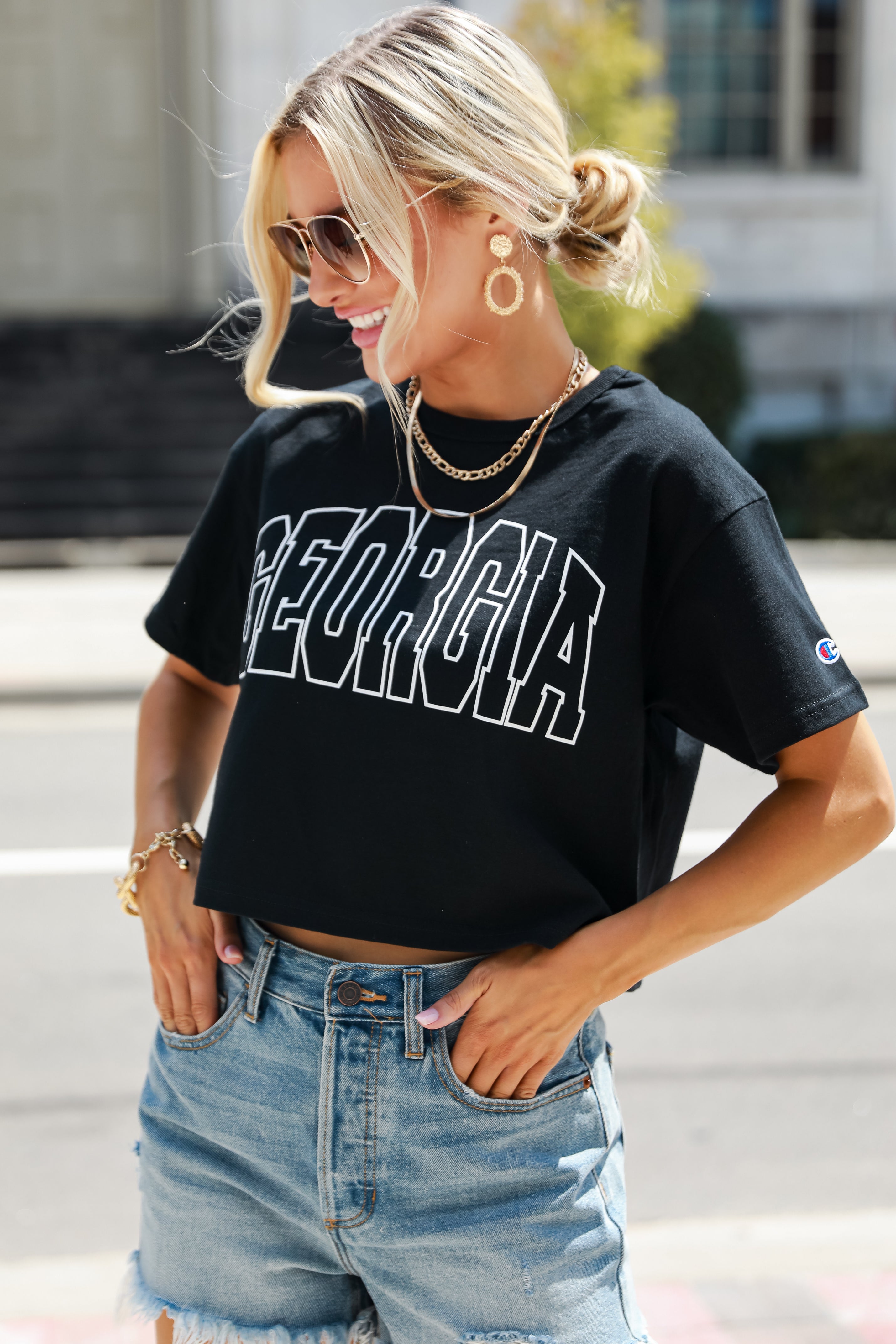 Black Georgia Cropped Tee - Women's Vintage Graphic T-Shirt | Soft Cotton Casual Top for Streetwear & Summer Outfits | Perfect for Music Festivals, Beach Days & Casual Hangouts