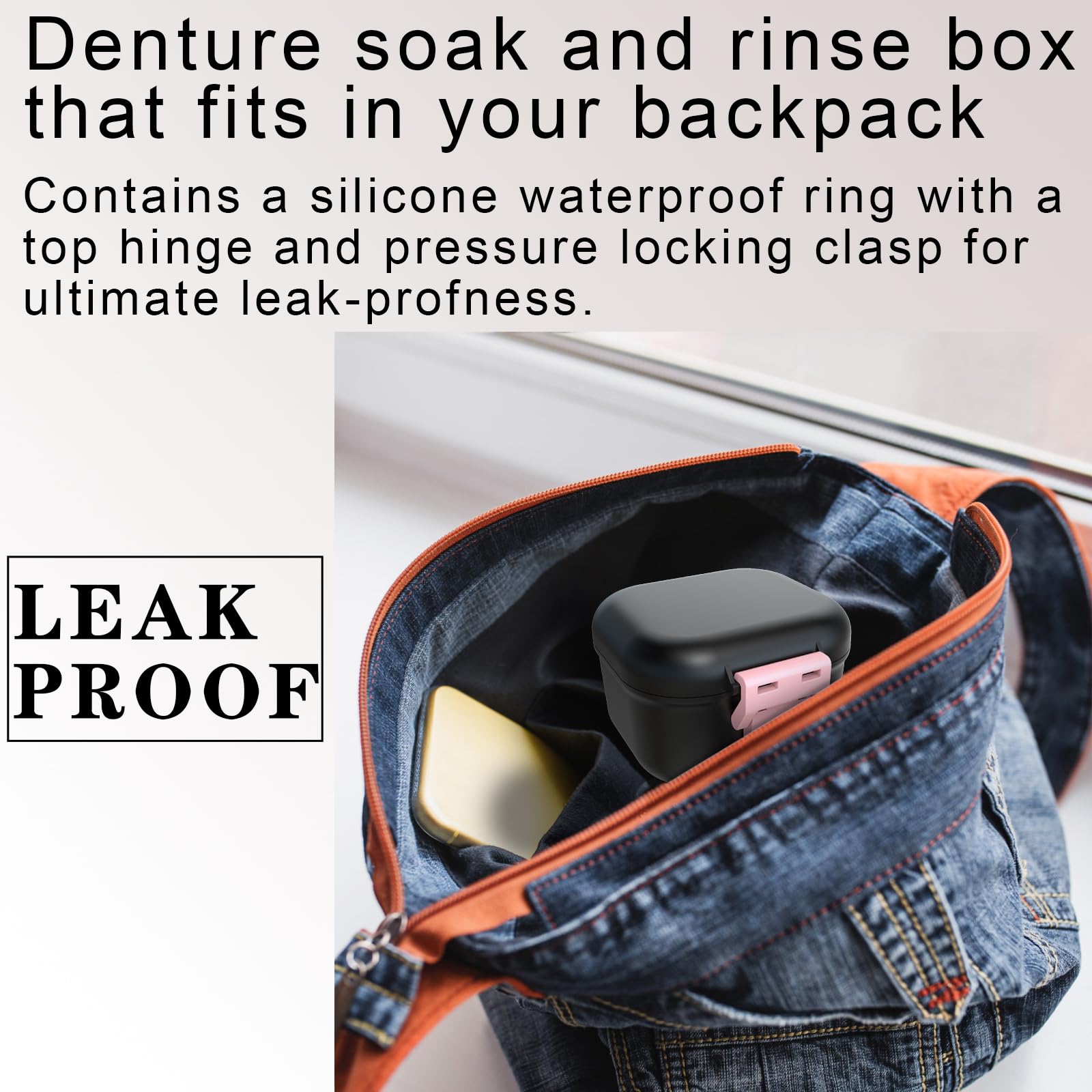 BVN Leak-Proof Denture Storage Case - Denture Soaking Cup & Retainer Cleaning Holder (Black/Pink) - Perfect for Travel, Nighttime Soaking & Denture Care at Home
