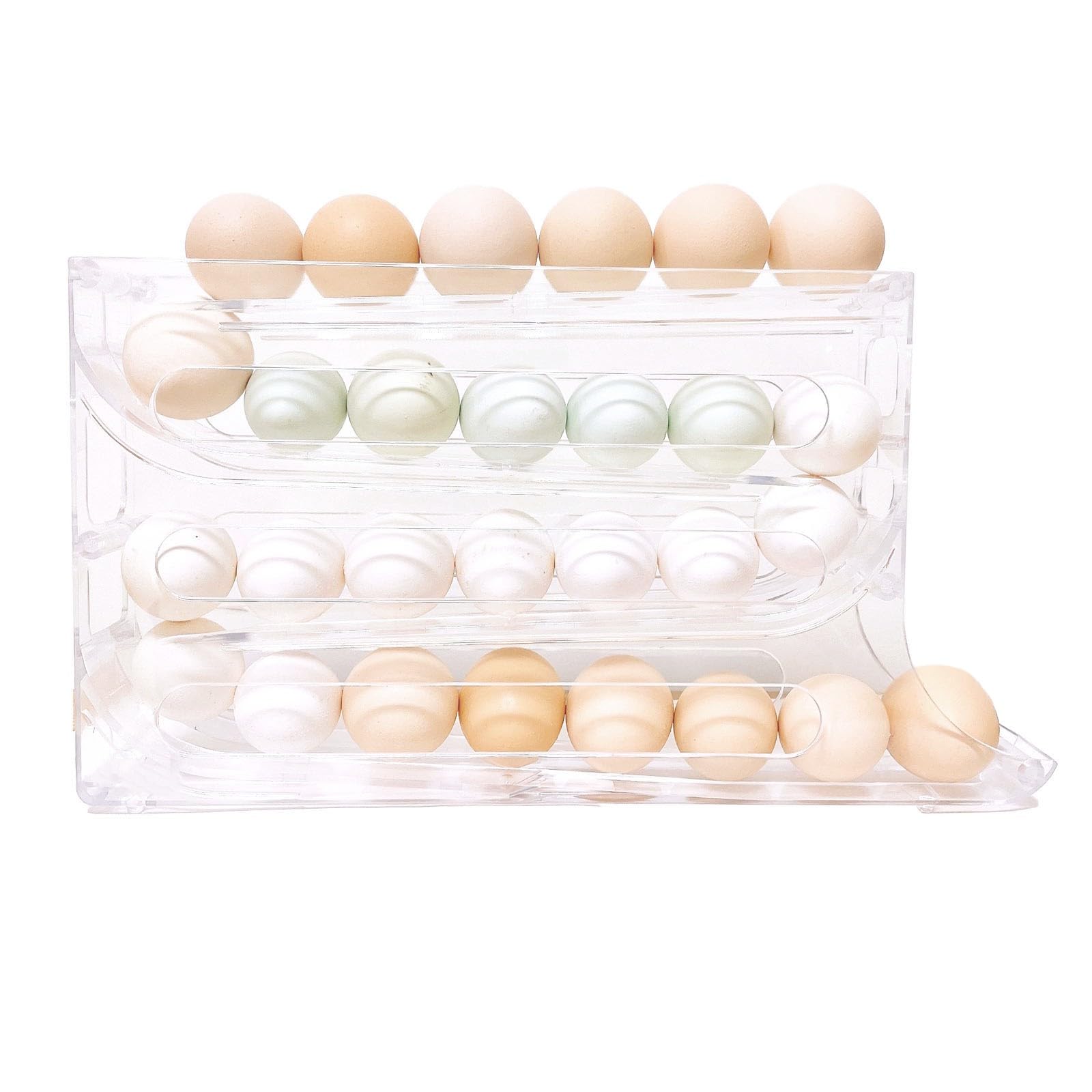 4-Tier Egg Holder for Refrigerator - Space Saving Auto Rolling Egg Dispenser & Organizer Rack - Perfect for Kitchen, Pantry, and Fridge Organization (12-18 Eggs Capacity)