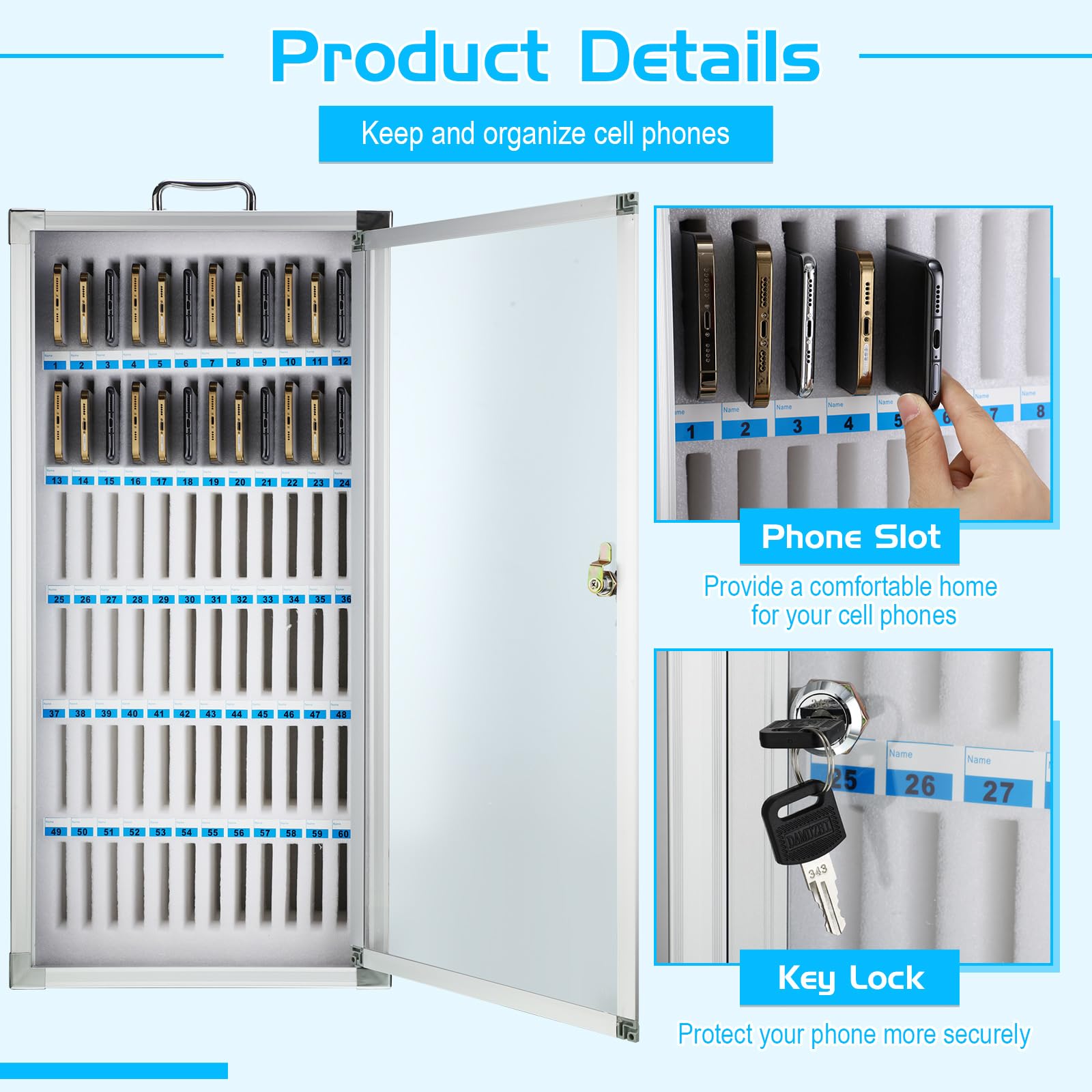 Amylove 72-Slot Aluminum Alloy Wall-Mounted Cell Phone Storage Locker Cabinet with Handle - Durable Phone Organizer for Office, Classroom, Gym & Public Spaces (White)