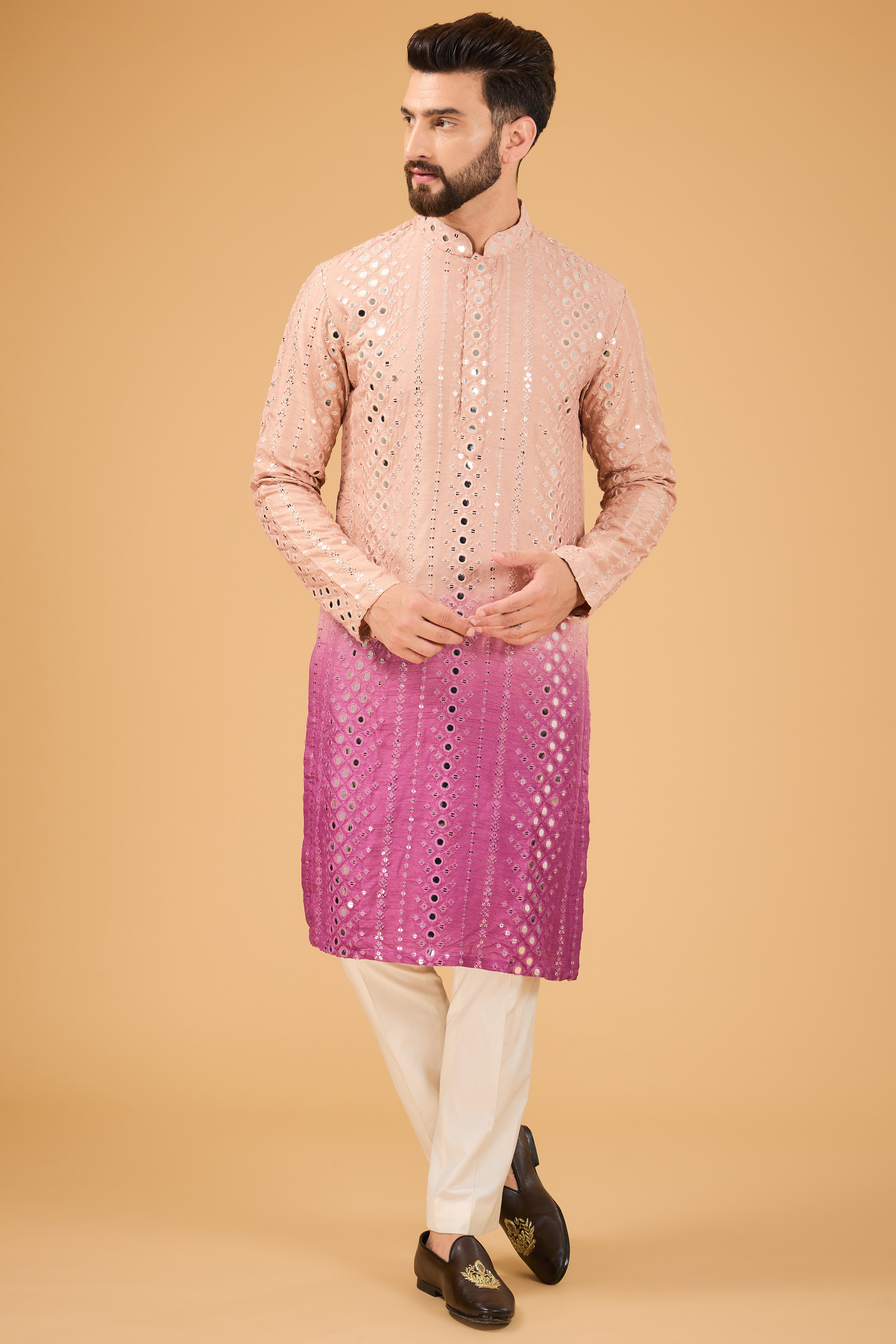 Nude Mauve Ombre Shaded Mirror Work Kurta - Elegant Embroidered Indian Tunic for Women, Perfect for Festivals, Weddings & Ethnic Occasions