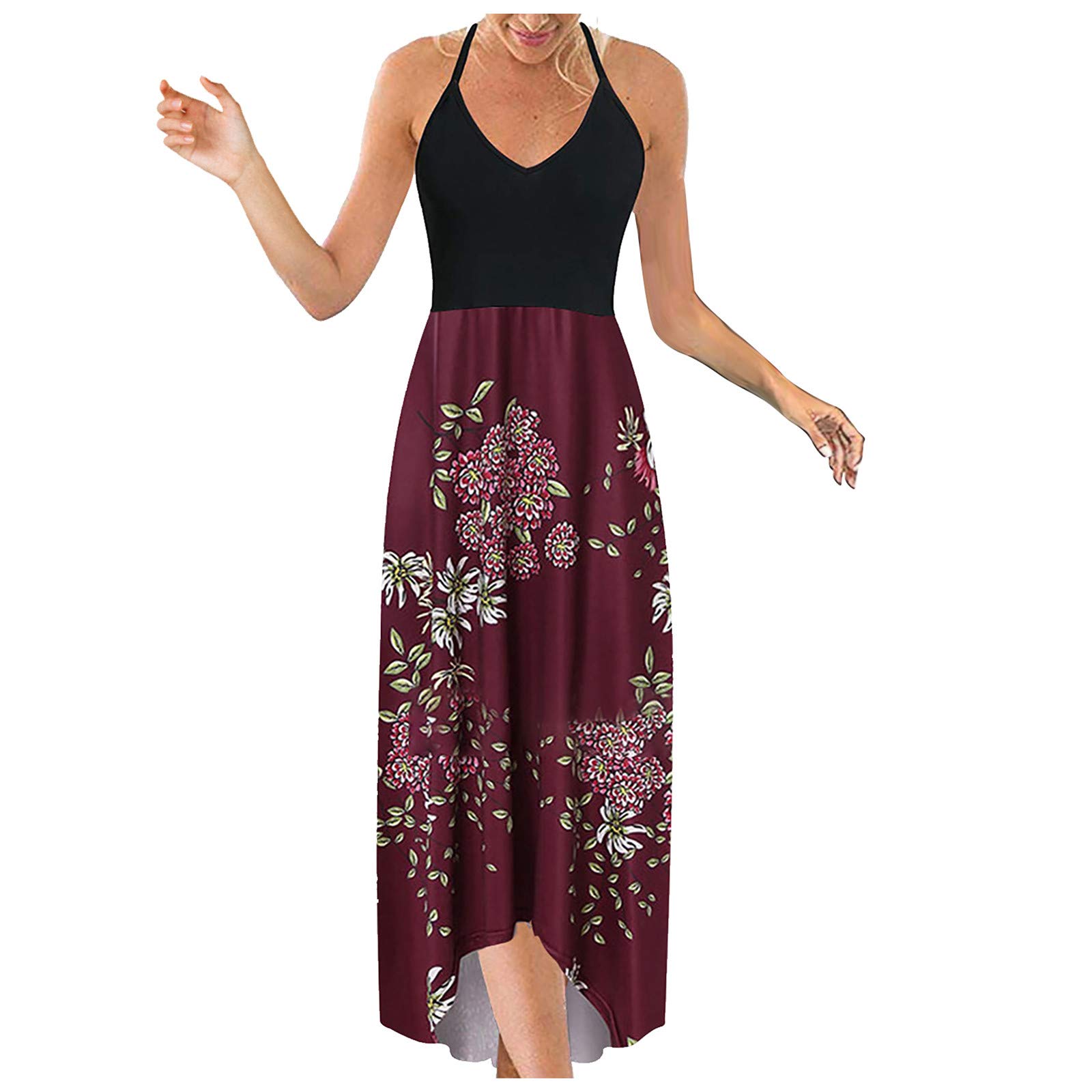 Women's Floral Patchwork Maxi Dress - High Waisted Long Dress with Short Sleeves for Summer, Beach, Party & Casual Wear | Plus Size Options Available