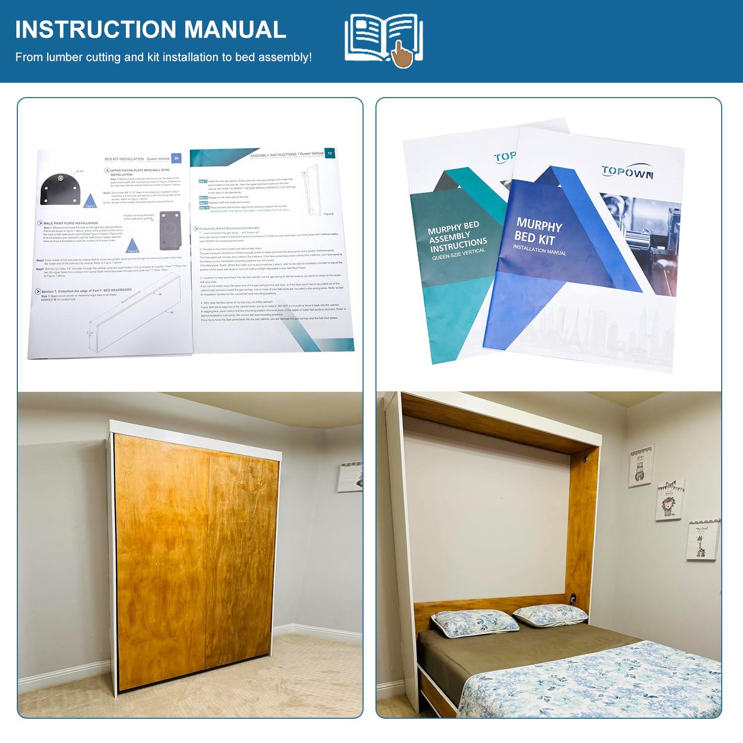 TOPOWN Queen Size Deluxe Murphy Bed Kit - Vertical Wall Mount DIY Hardware Set for Space Saving | Perfect for Small Apartments, Guest Rooms & Home Offices