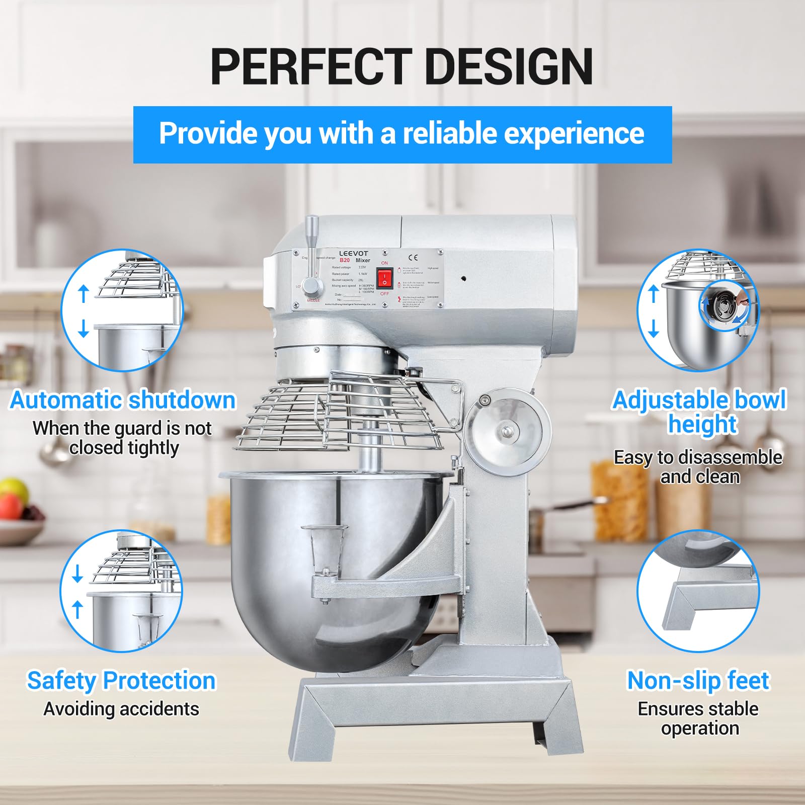 20Qt Commercial Food Mixer - 1100W Heavy Duty Electric Stand Mixer with 3-Speed Adjustable & Stainless Steel Bowl - Perfect for Bakeries, Pizzerias, and Home Kitchens (Compatible with Kitchenaid) - Ideal for Dough Kneading, Cake Mixing, and Food Preparation