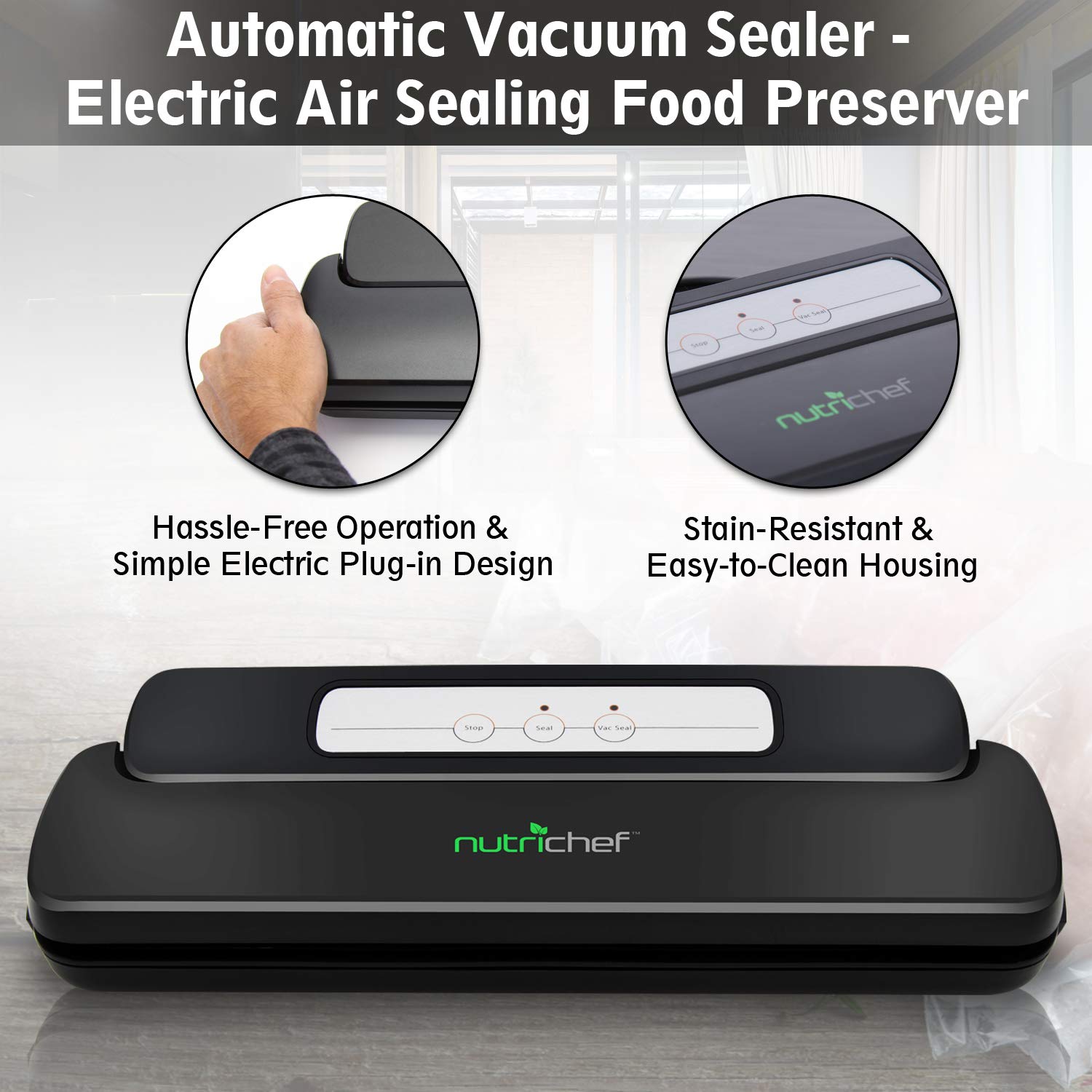 NutriChef Automatic Handheld Vacuum Sealer Machine for Food Storage - Compact Heat Sealing System for Dry & Moist Foods - Includes Plastic Roll Bags - Perfect for Meal Prep, Sous Vide & Kitchen Organization (Model AZPKVS10BK) | Preserve Freshness for Longer Shelf Life