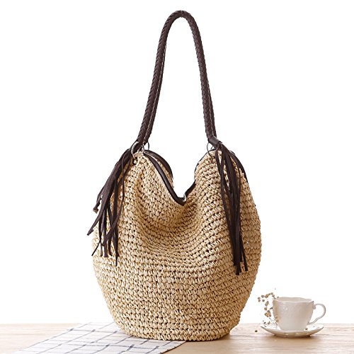Women's Straw Shoulder Bag - Summer Beach Tote with Tassels, Cotton Lining & Top Handle - Casual Shopper Handbag or Bucket Bag for Beach Outings, Picnics, and Vacation Travel