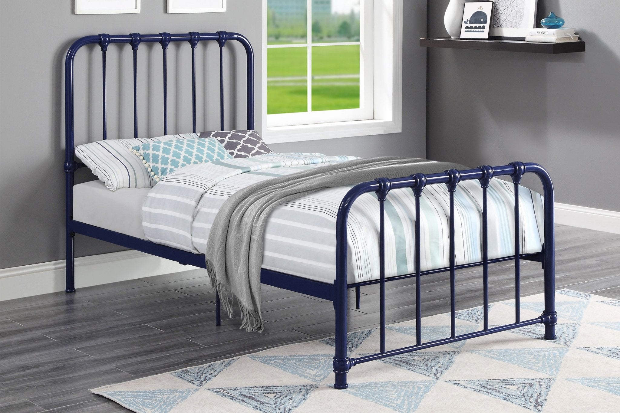 Classic Blue Metal Platform Bed with Rounded Profile - Modern & Sturdy Frame for Bedroom, Guest Room, or Dormitory