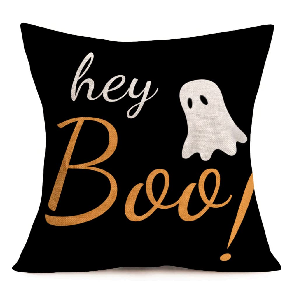 Spooky Halloween Ghost Throw Pillow Covers 18x18 Inch - Orange Black White Cotton Linen Cushion Covers for Scary Home Decor, Perfect for Living Room Sofa, Bedroom & Halloween Party Decorations