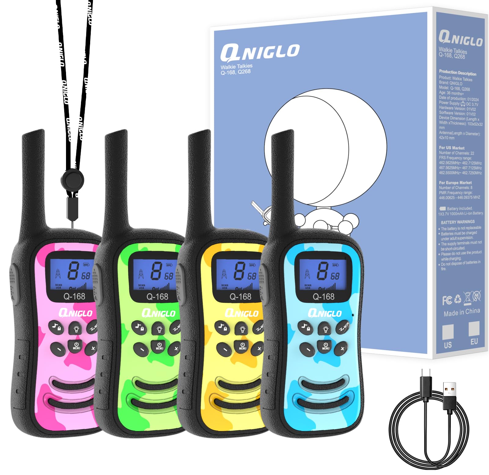 Qniglo Rechargeable Walkie Talkies for Kids - 22 Channel USB Charging Two Way Radios with Lanyard, Camouflage Design - 4 Pack Walkie Talkies for Camping, Hiking, Family Outdoor Games - Perfect Gift for Boys & Girls Ages 3-12 (Birthday, Christmas, Travel Adventures)