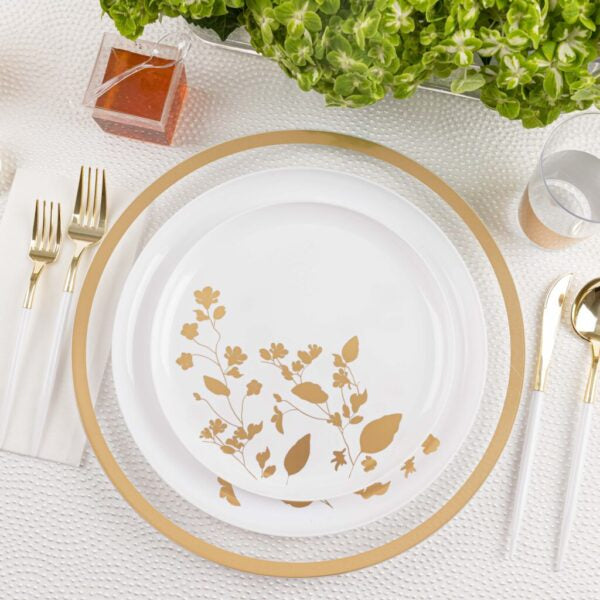 20-Piece White and Gold Round Plastic Dinnerware Set for 10 Guests - Elegant Disposable Plates, Bowls, Cups & Cutlery - Perfect for Garden Parties, Outdoor Weddings, Picnics and BBQs