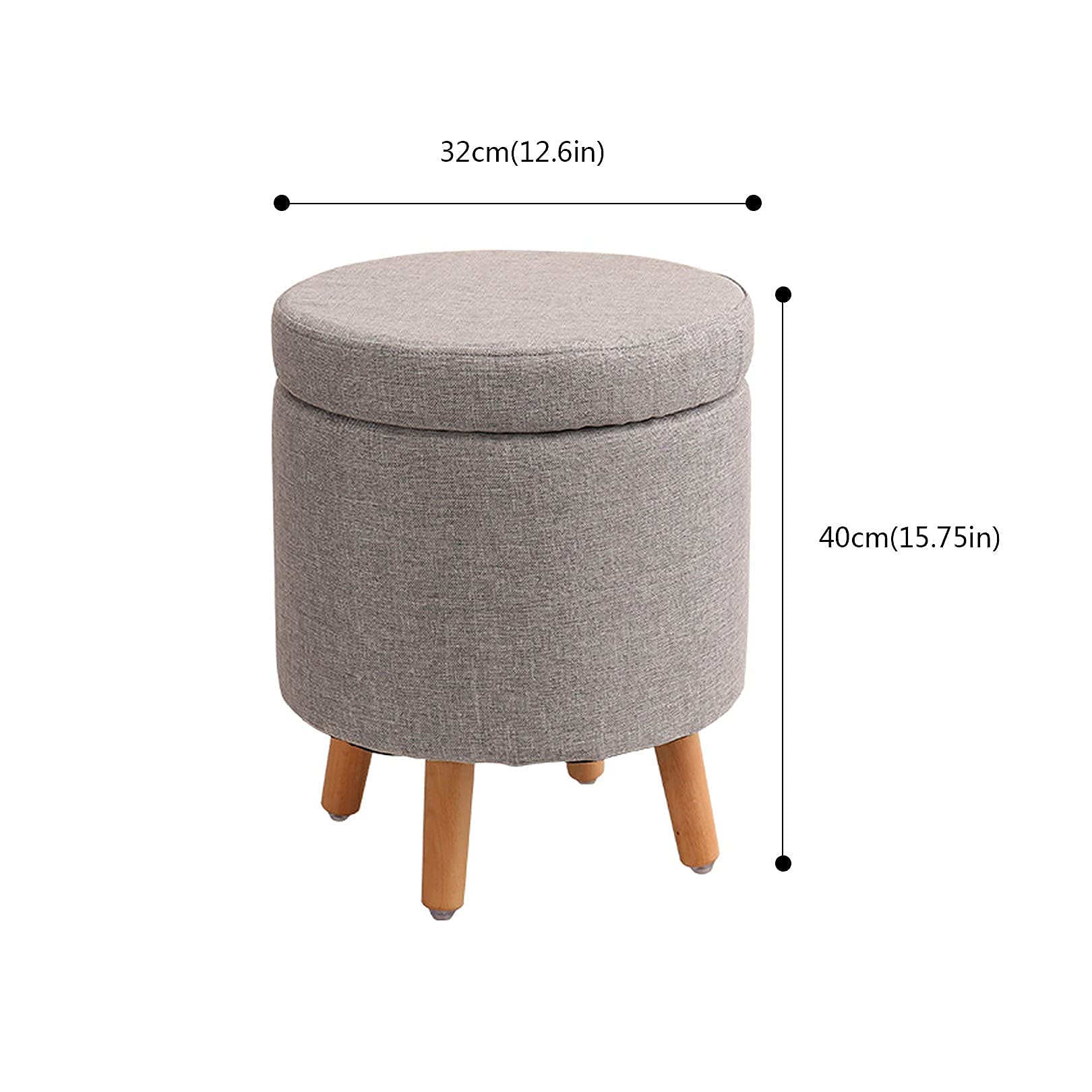 CHEWYNP Wooden Leg Footstool - Round Upholstered Storage Ottoman with Removable Washable Cotton Linen Cover, Grey (32cm x 40cm) - Perfect for Living Room, Bedroom & Home Decor