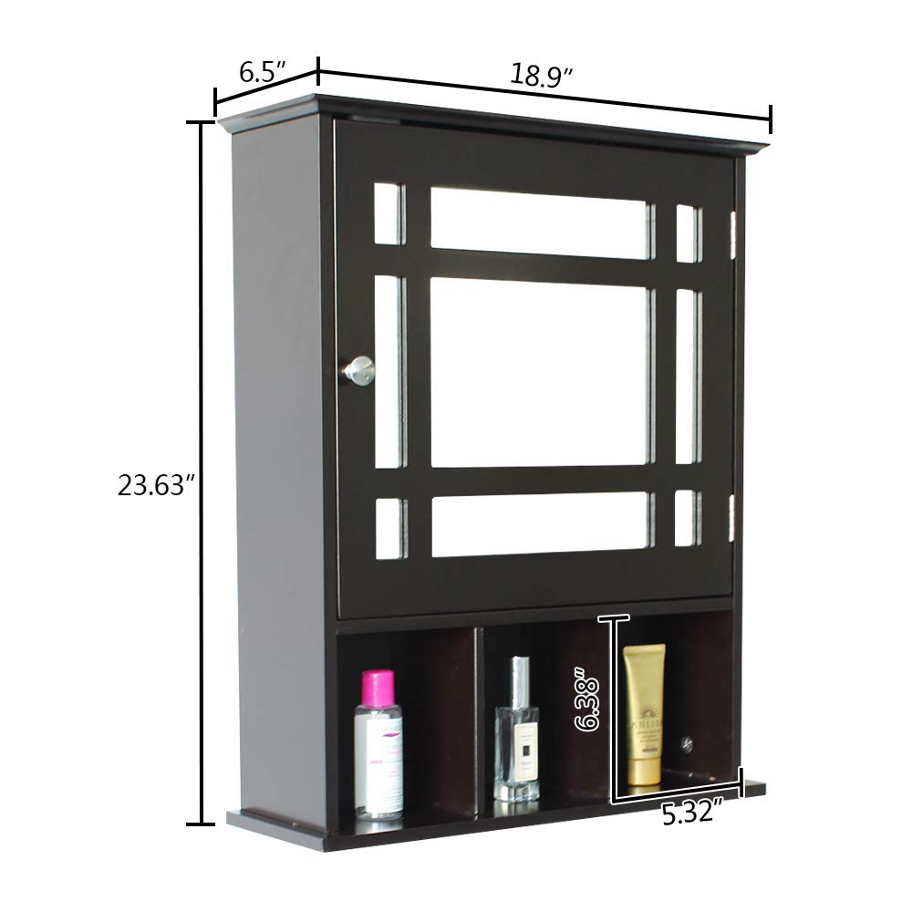 Espresso Wooden Mirror Cabinet - Wall Mounted Bathroom Storage with Adjustable Shelf & 3 Open Compartments | Perfect Medicine Cabinet for Small Bathrooms & Vanity Organization