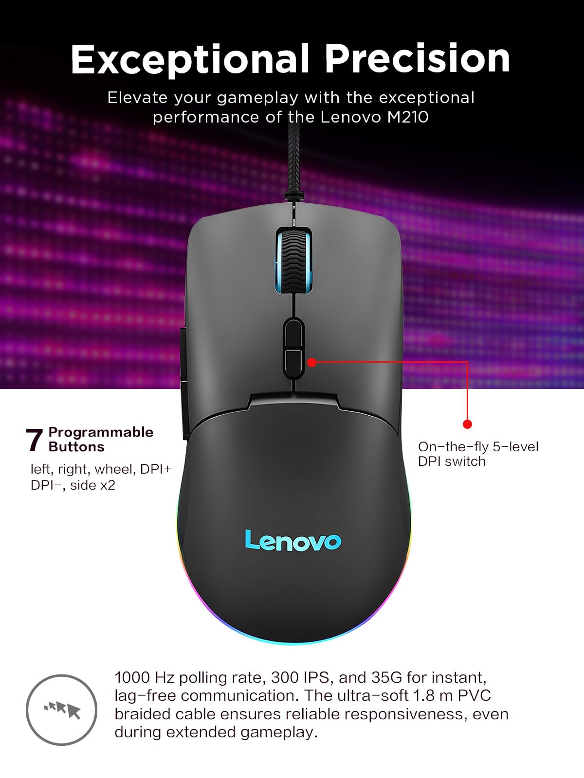 Lenovo M210 RGB Wired Gaming Mouse - 8000 DPI Adjustable, 7 Programmable Buttons, 3-Zone RGB Lighting for PC, Laptop (Windows/Chrome OS) - Ergonomic Palm Grip Design for FPS, MOBA & MMO Gaming (Black)