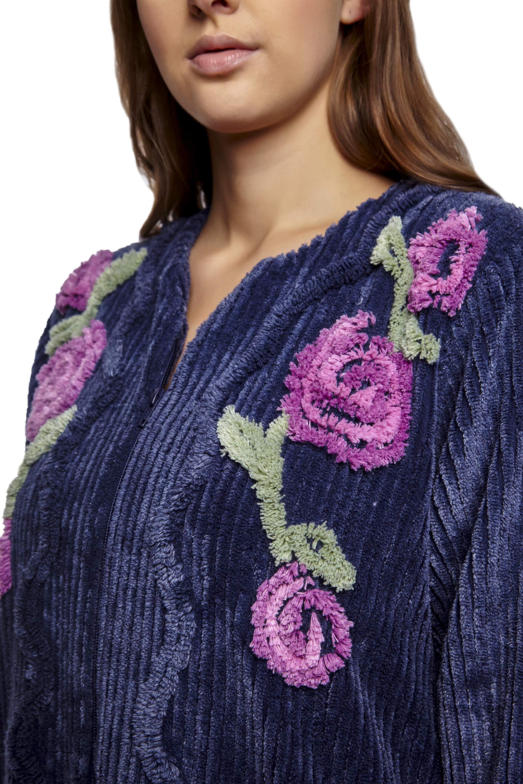 HOC Women's Floral Rose Embroidered Chenille Zipper Robe - Soft Kimono Bathrobe for Spa, Lounge & Home Comfort