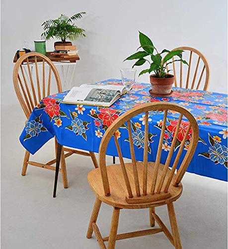 Premium Hibiscus Flowers Oilcloth Tablecloth - Waterproof & Washable Plastic Vinyl Table Cover (55x55in Square) in Blue & Red - Perfect for Patio, Picnic, Kitchen, and Outdoor Dining Decor