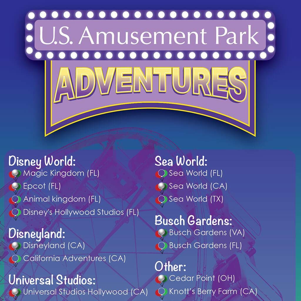 Amusement Parks Bucket List Tracker - Rustic Brown Wood Frame - 13.5x23.5 Inch Theme Park Travel Map - Canvas Wall Art for Home Decor & Travel Enthusiasts - Perfect for Living Room, Bedroom or Office