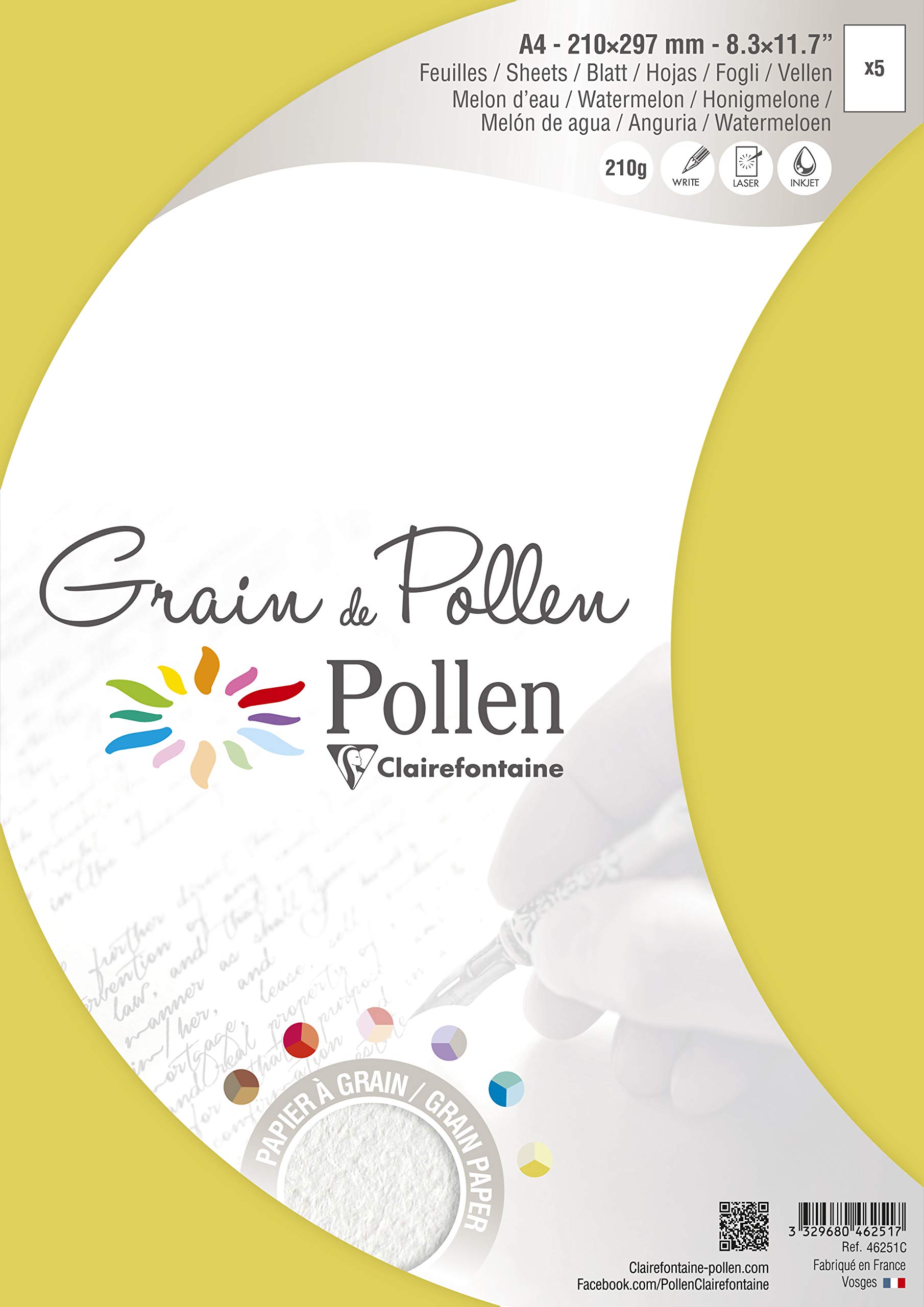 Clairefontaine Grain De Pollen Cardstock - 5 Sheets A4 Size (210x297mm) 210gsm, Acid-Free, Watermelon Color - Compatible with Inkjet & Laser Printers - Perfect for Scrapbooking, Invitations & Craft Projects