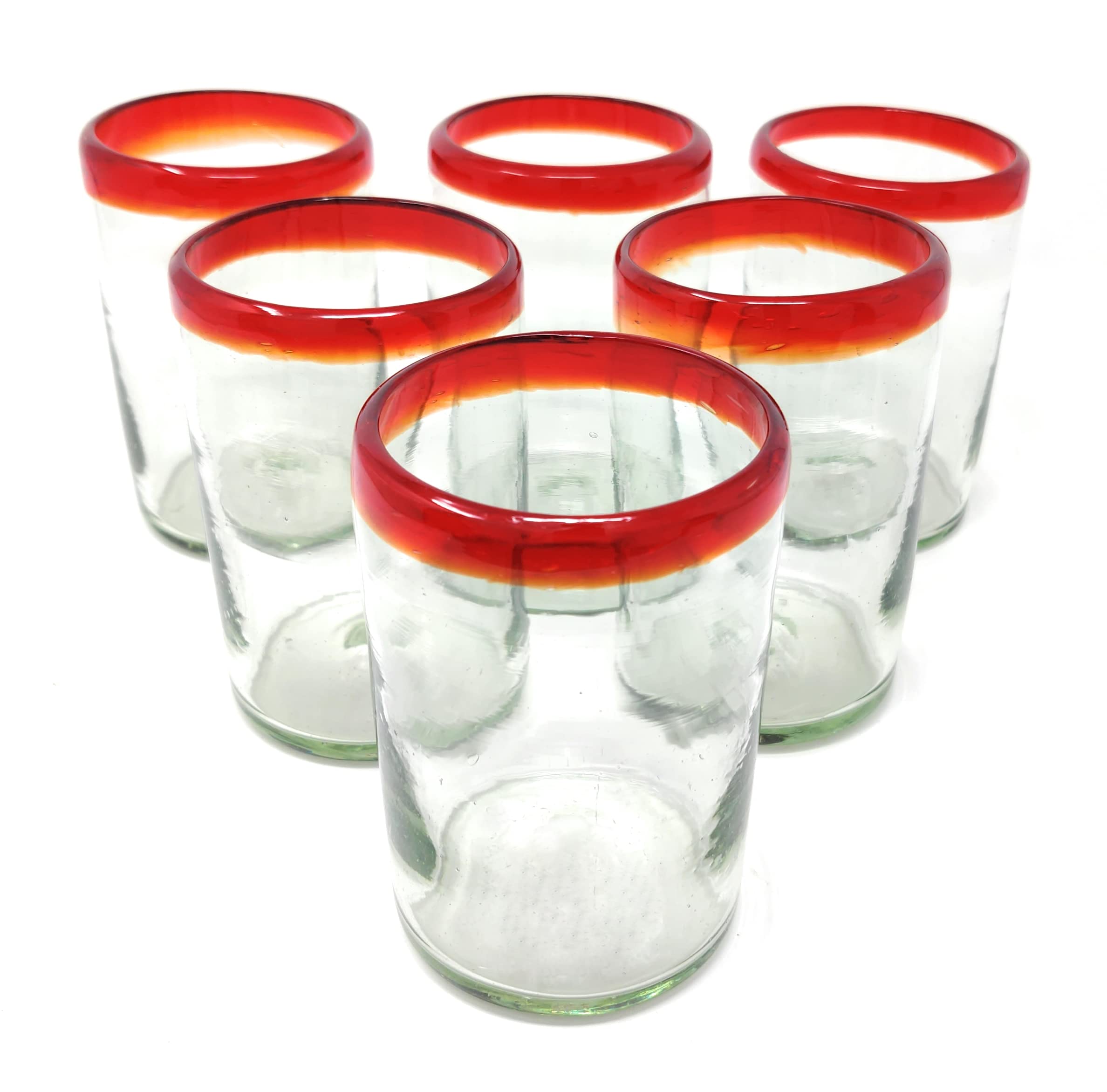 Hand Blown Mexican Drinking Glasses Set of 6 - 14oz Colorful Red Rim Margarita Glasses for Cocktails, Tequila, and Party Decor - Authentic Dos Sueños Artisan Glassware