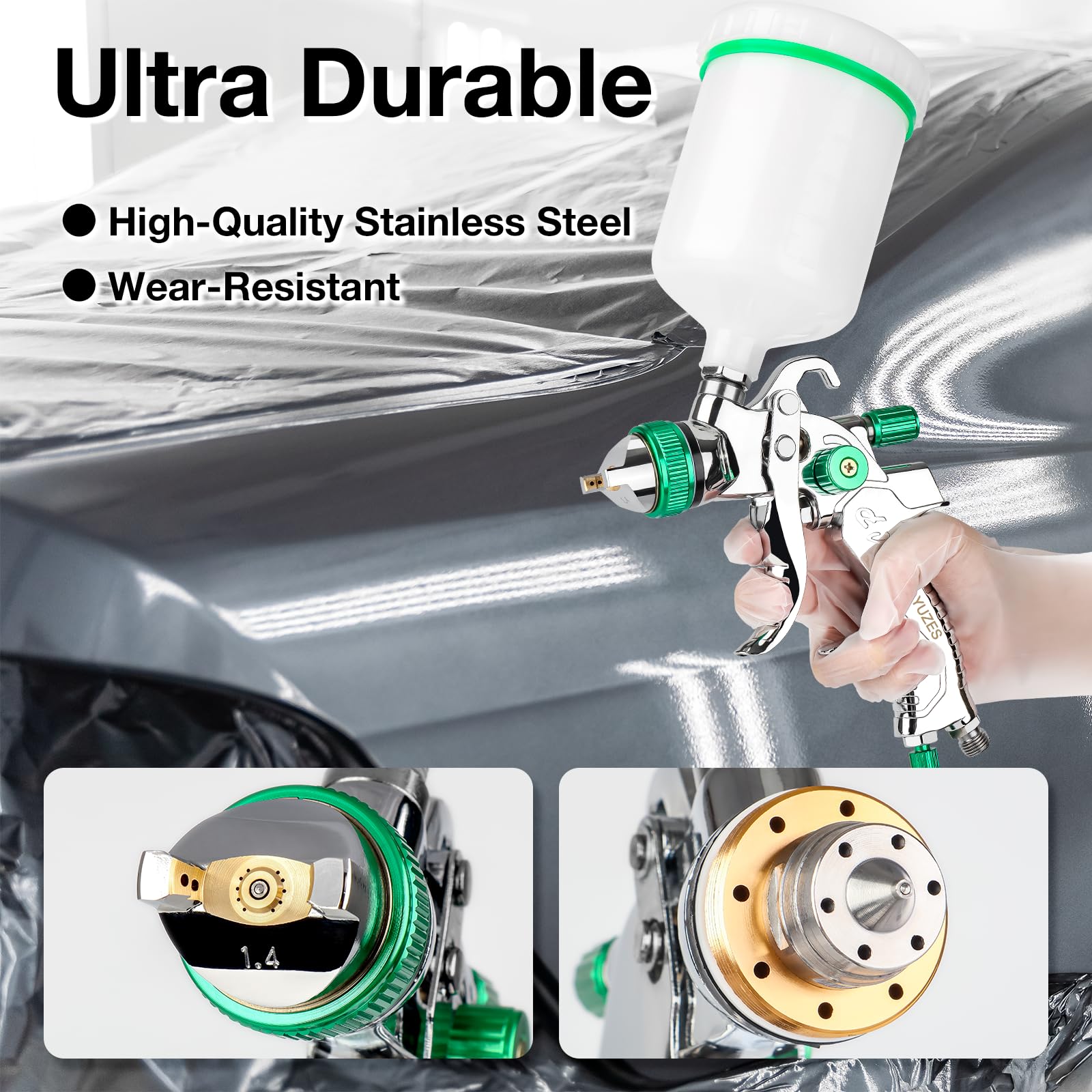 YUZES HVLP Spray Gun Kit with 1.4/1.7/2.0mm Copper Nozzles - Professional Automotive Paint Sprayer with Air Regulator & 10 Paper Funnels - Perfect for Car Painting, Furniture Refinishing, DIY Projects (Green)