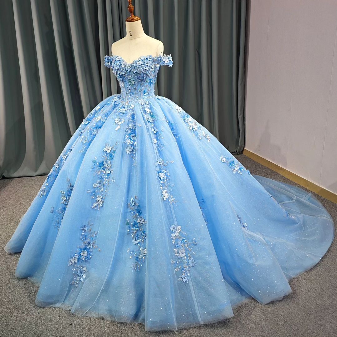 Blue Sweet 16 Birthday Party Dress - Off The Shoulder Ball Gown J3103 | Formal Prom, Quinceañera, Homecoming & Special Occasion Wear